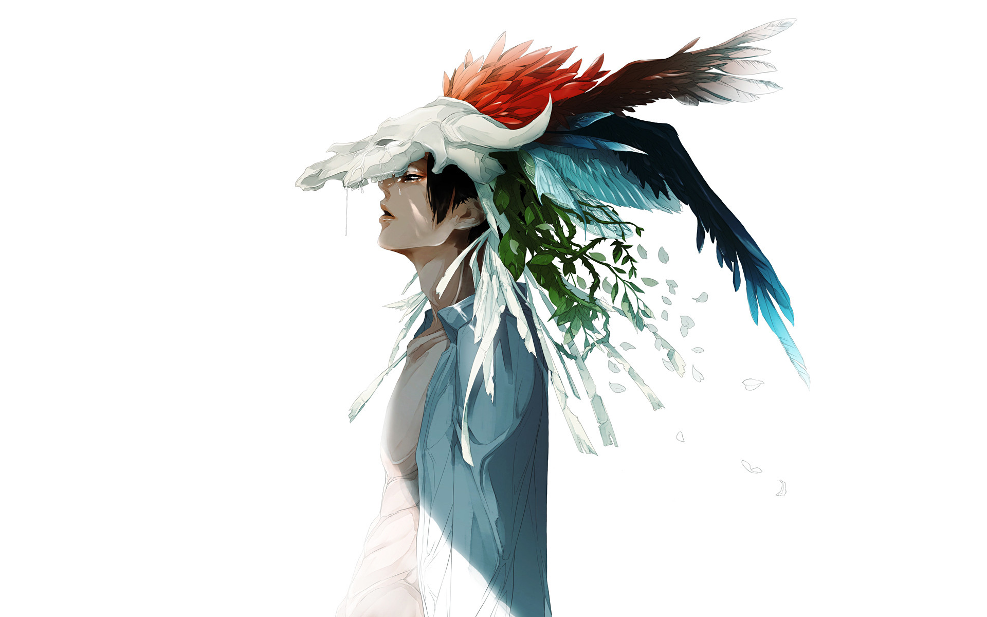 1920x1200 Anime Boy, Cool, Feather, Sadness, Art, Watercolor, Wallpaper