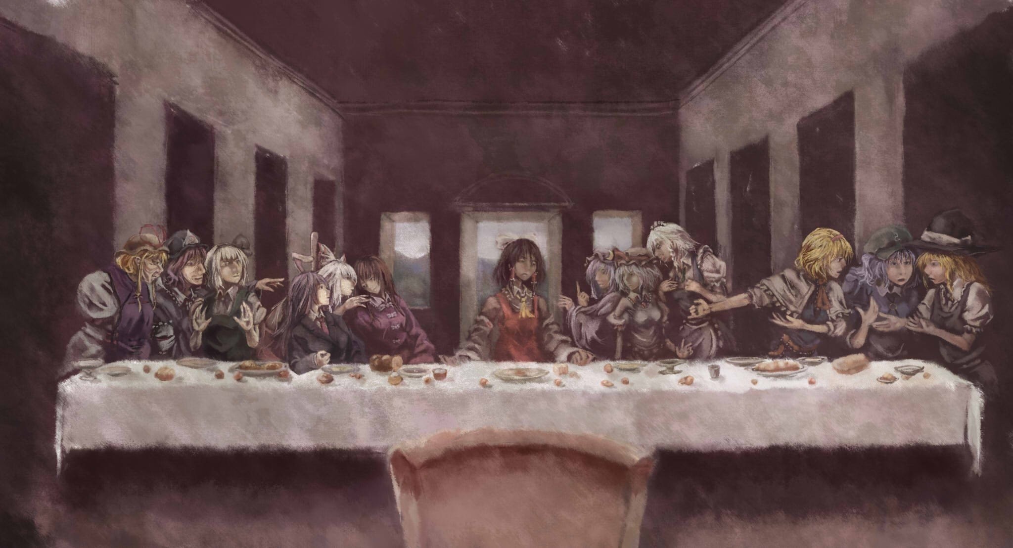 2048x1108 Touhou Last Supper; jesus christ