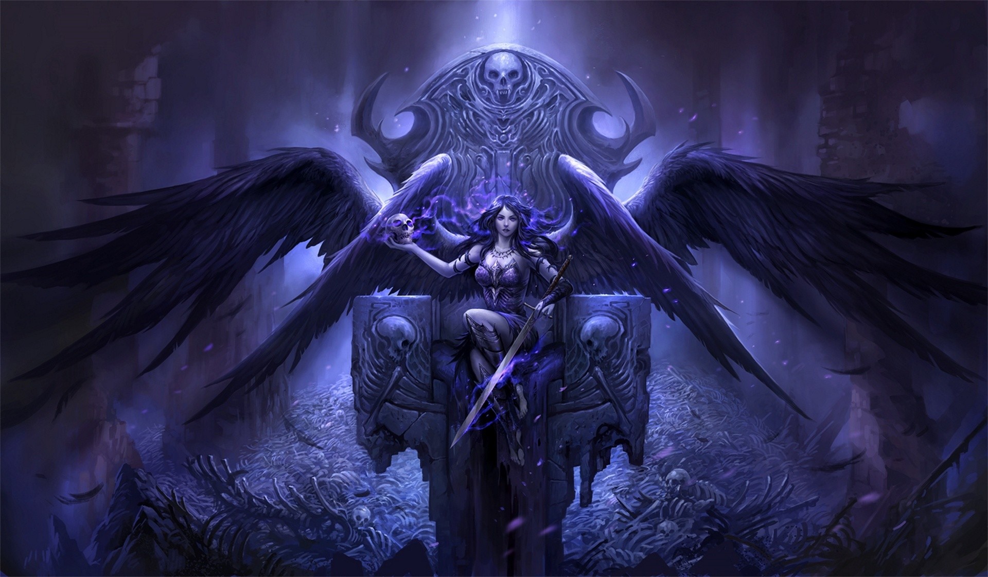1920x1121 Fantasy - Angel Warrior Fantasy Angel Gothic Purple Throne Sword Skull  Woman Wings Skeleton Wallpaper