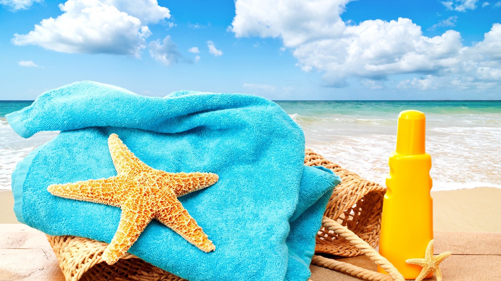 1920x1080 #BBDDDD Color - Starfish Summer Vacation Accessories Sky Sand Sea Beach  Wallpaper HD Iphone for