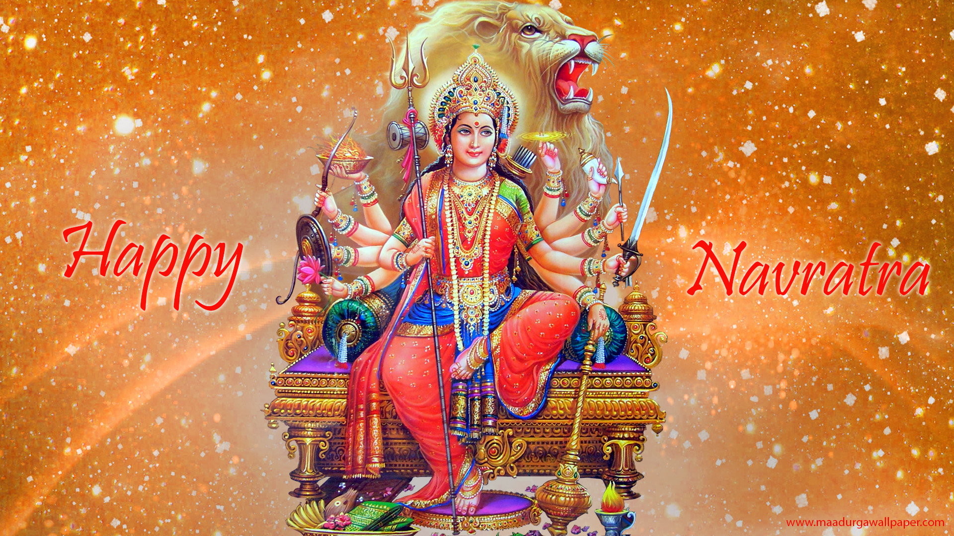 1920x1080 Goddess Durga Happy Navratri HD wallpaper sitting on beautiful throne for  Navratri greeting.