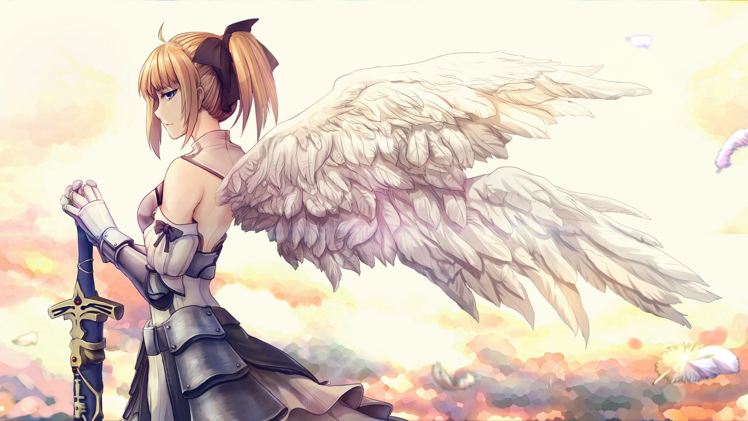 2560x1440 Anime girl with white angel wings