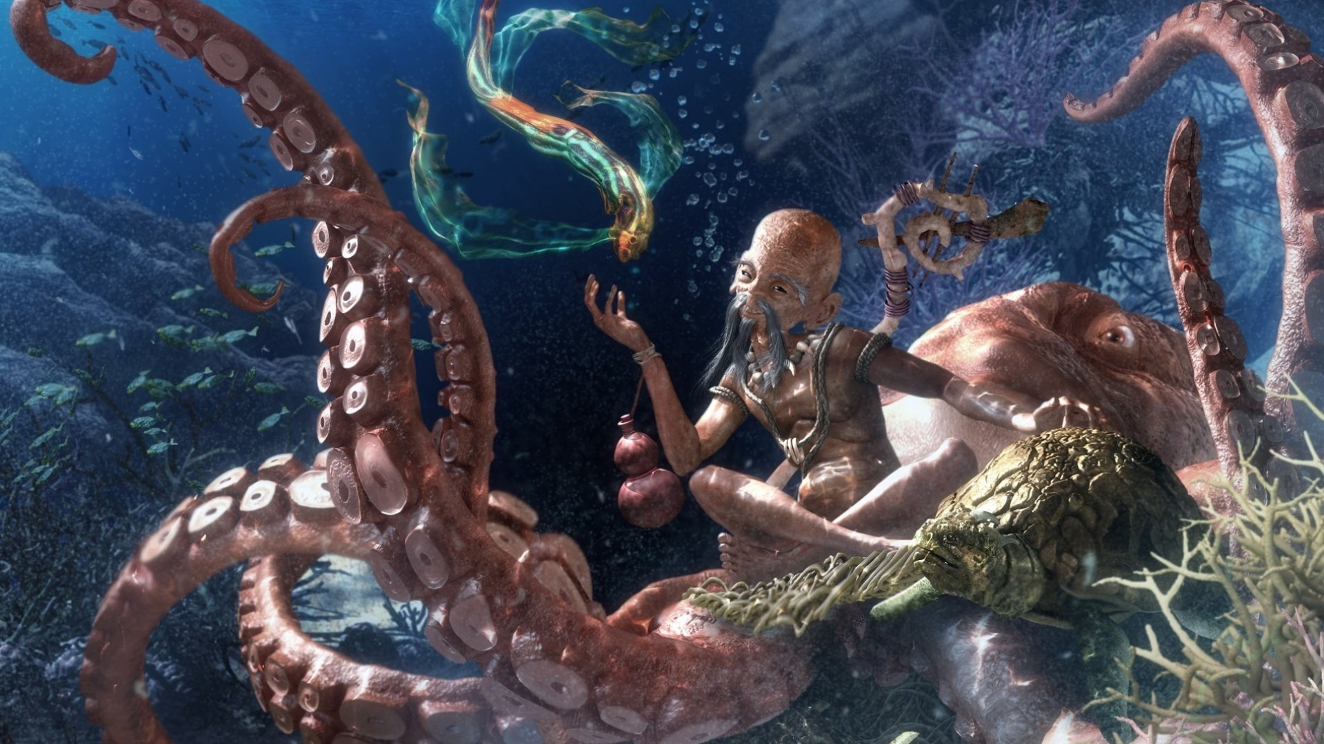 1920x1080  Wallpaper octopus, under water, beings
