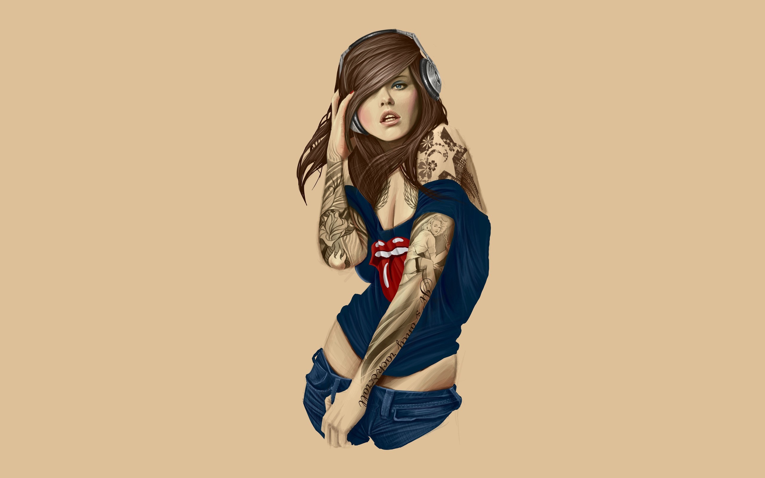 2560x1600 Girl with headphones wearing a Rolling Stones T shirt & tattoos on arms art