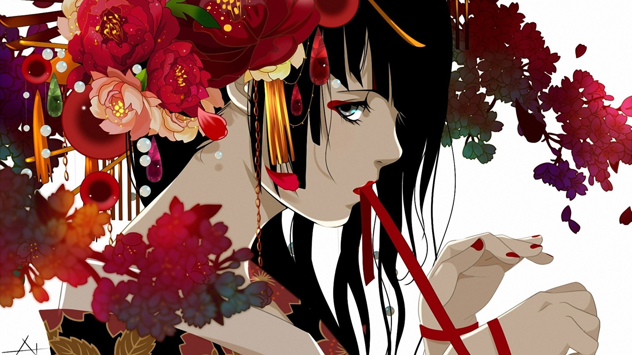 2048x1152 Wallpapers Anime Girls Flowers Painting Art 