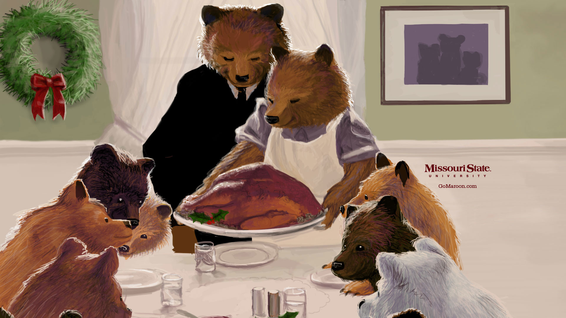 1920x1080 drawing of Bears gathered around a table with a turkey. Missouri State  University GoMaroon.