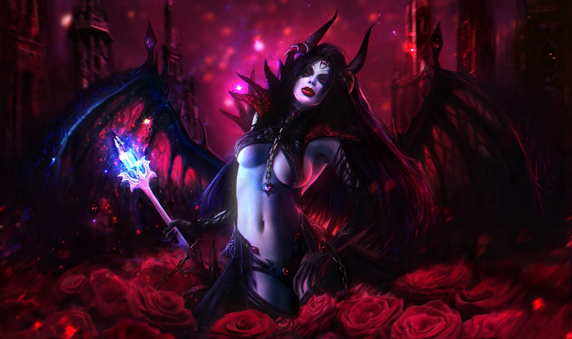 1980x1175 DOTA 2 Queen of Pain Demon Roses Mage Staff Games Girls Fantasy dark  vampire sexy artwork