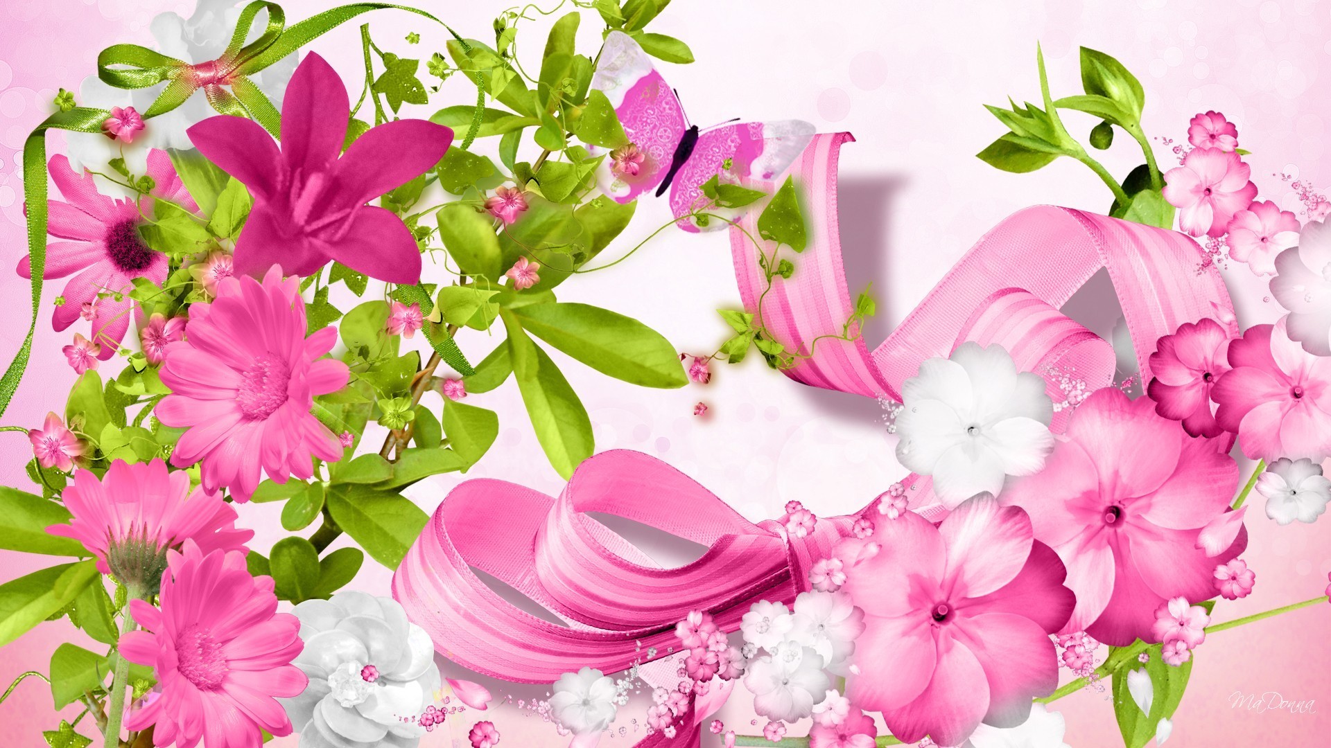1920x1080 Bows Feminine Pink Spring Flowers Butterfly Summer Persona Firefox Ribbon Floral  Flower Nice Wallpaper - 