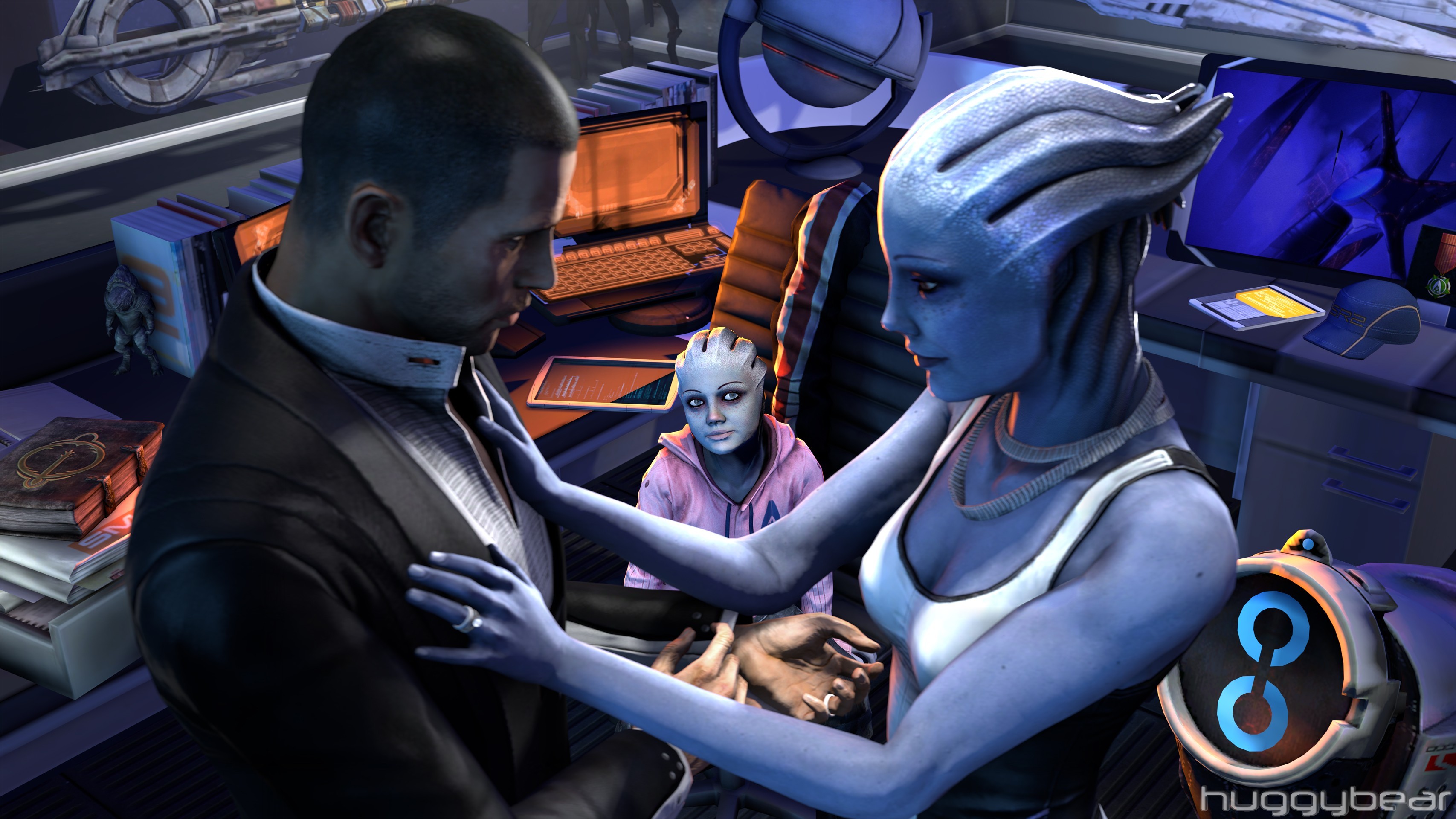 3414x1920 General  Mass Effect Asari Liara T'Soni huggybear John Shepard  video games