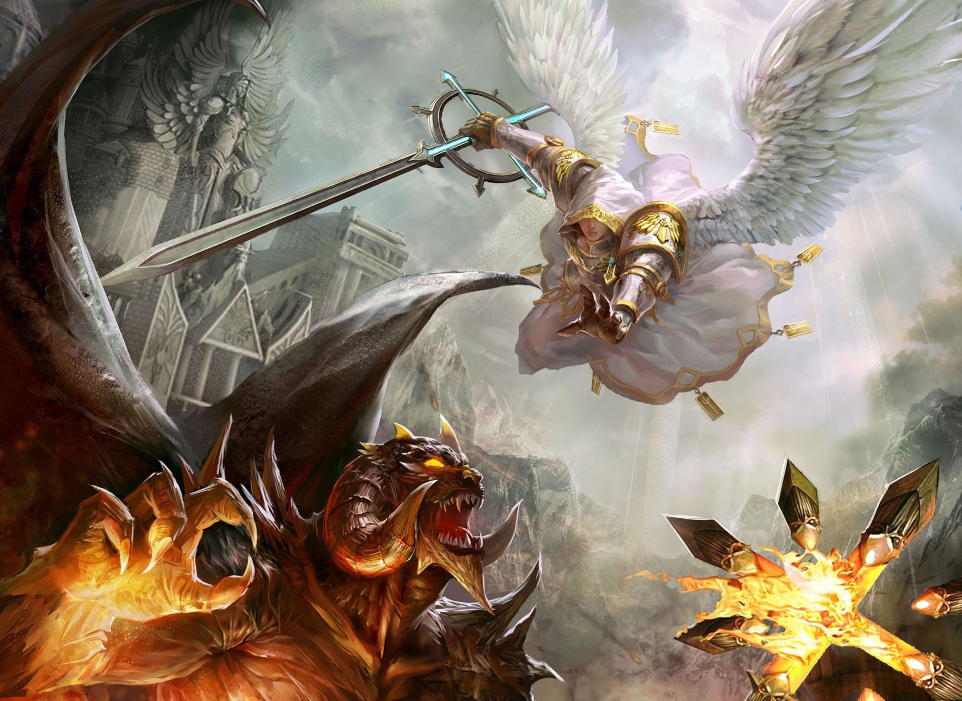 1920x1400 Angels Artwork Battles Demons Devil Fight Fire Good Vs Evil Heroes Of Might  And Magic V Swords Video Games Weapons Wings