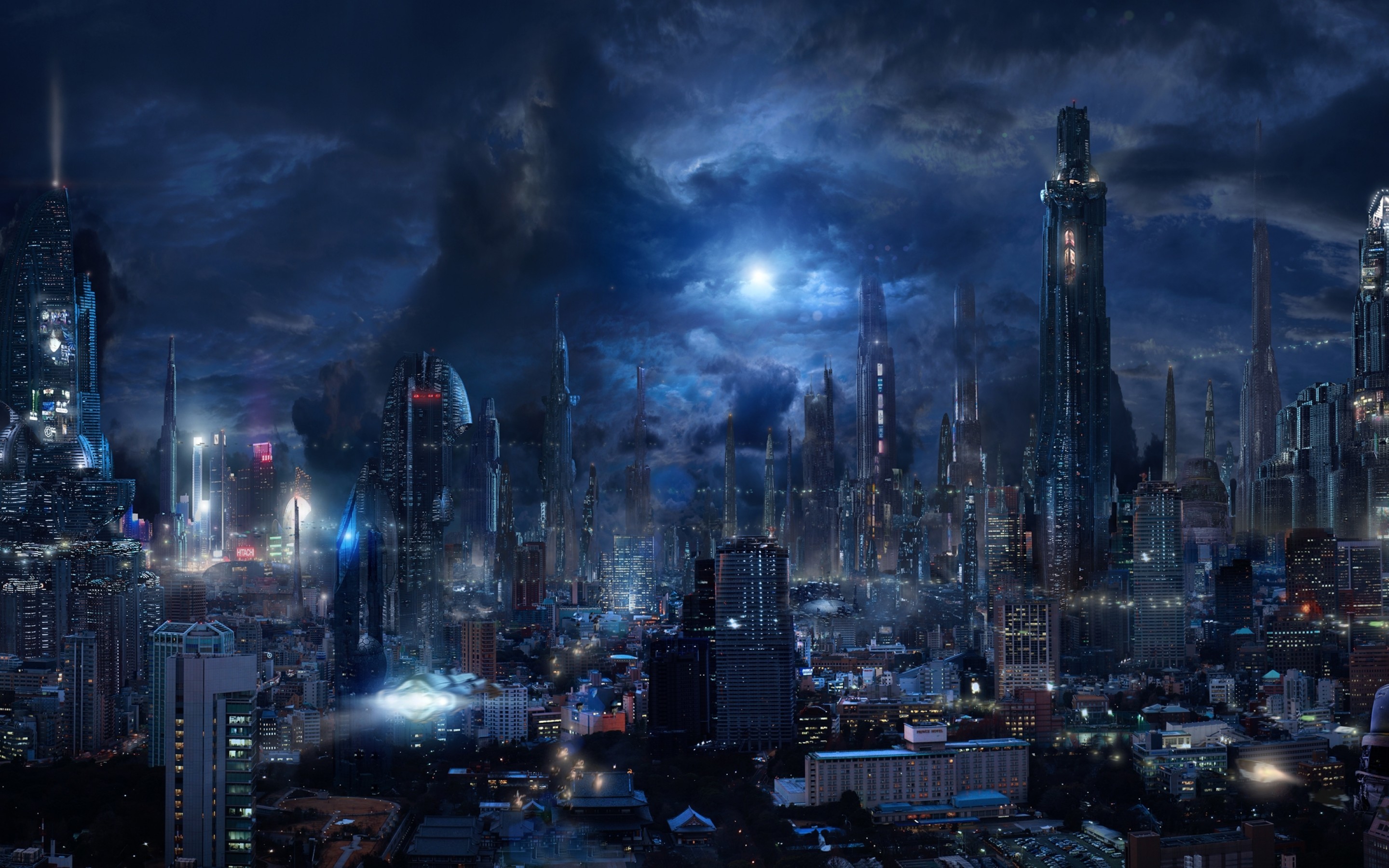2880x1800 Futuristic City, Sci-fi, Skyscrapers, Night, Dark City, Flying Vehicles