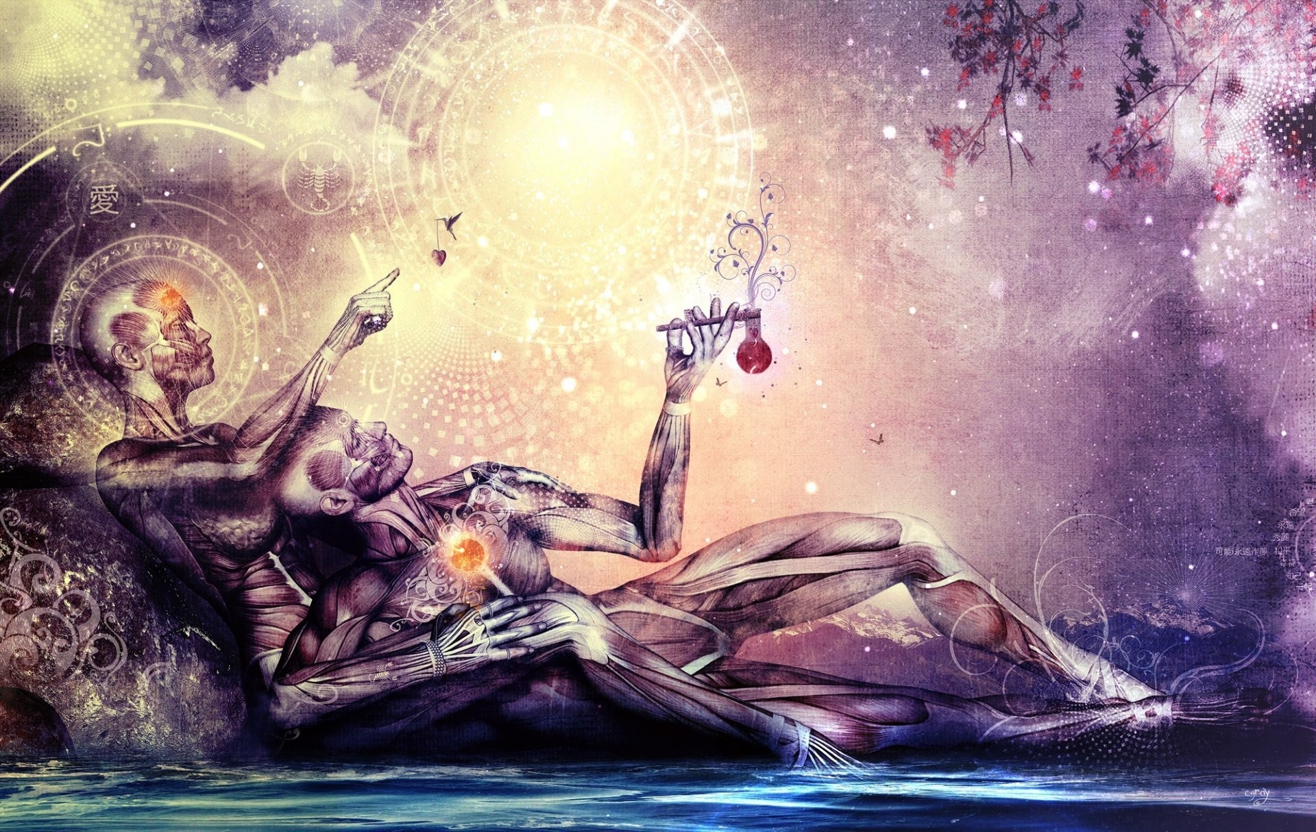 1920x1214 cameron gray art two men a woman anatomy chakra symbols water sky  contemplation spirituality zodiac