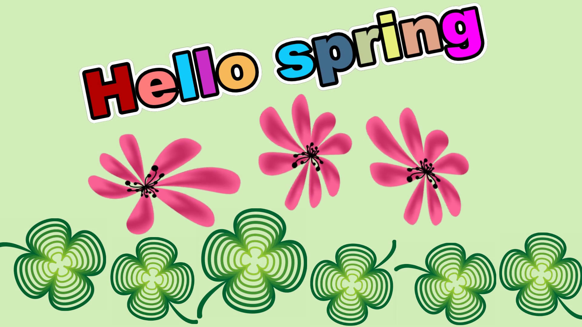 1920x1080 Hello spring animated banner with clover leafs and pink flowers rotating on  green background, animated colorful inscription Motion Background -  Storyblocks ...