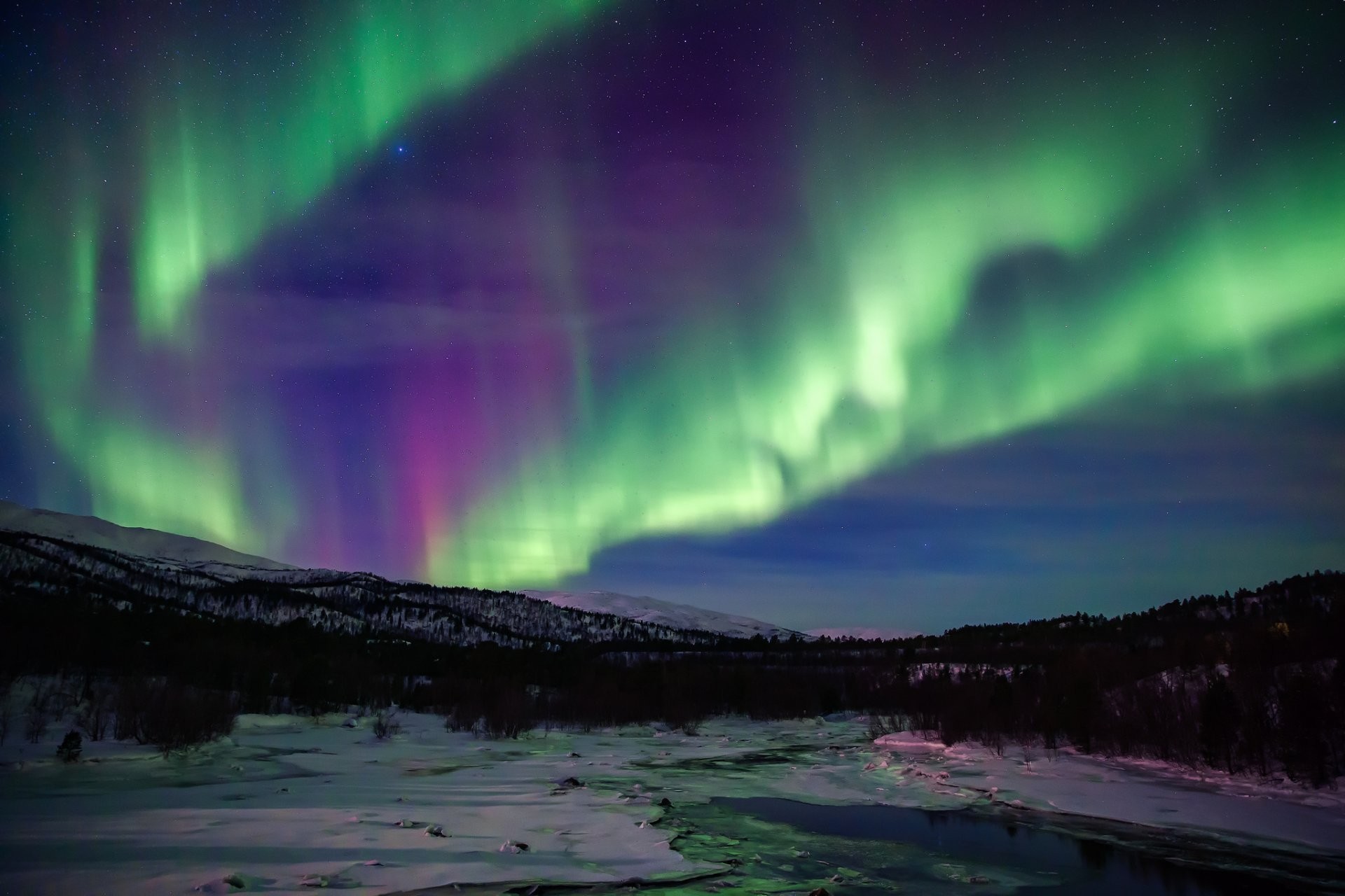 1920x1280 aurora borealis northern lights sky star mountain night snow