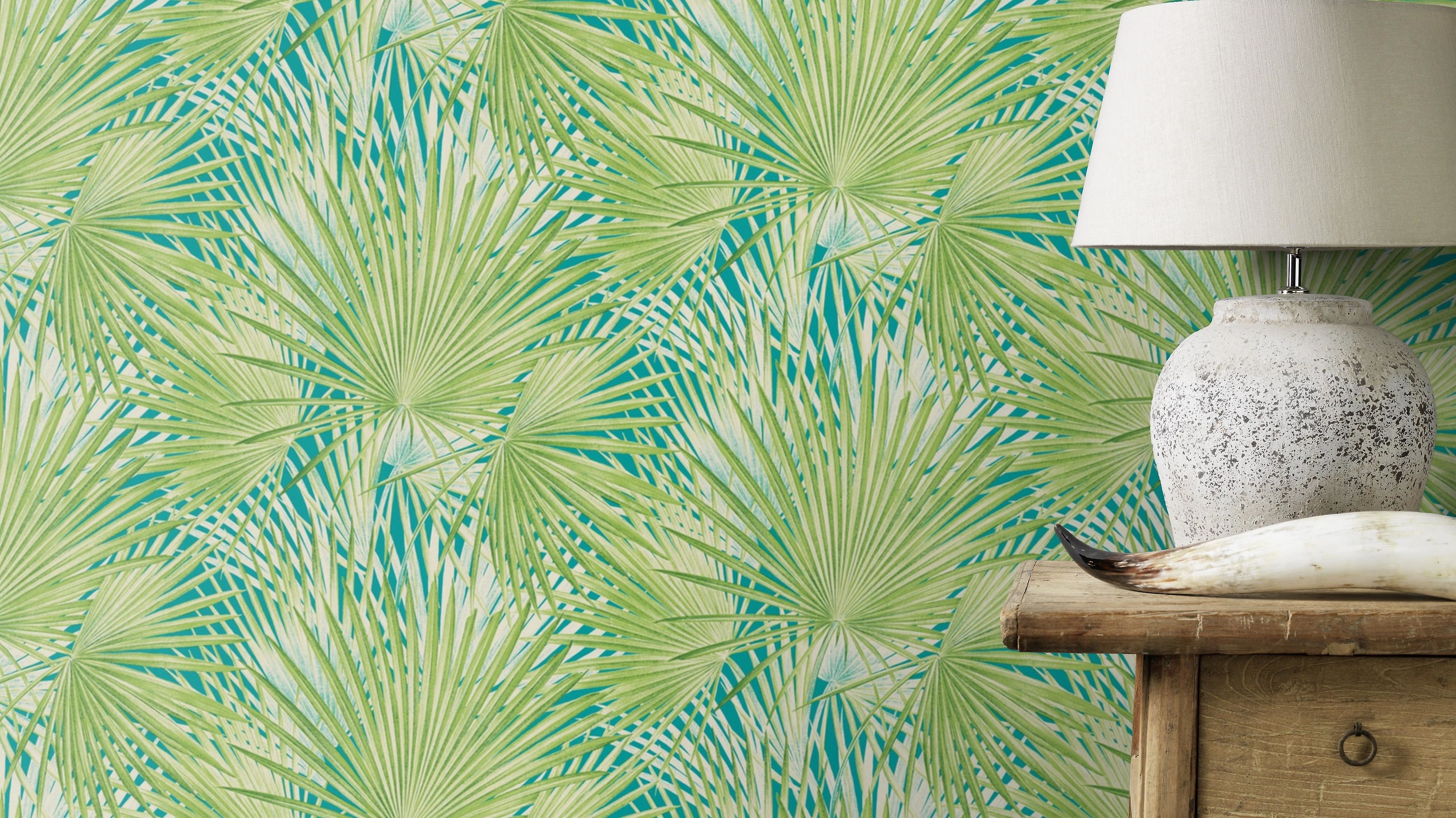 3543x1992 Tropical Palm Tree Wallpaper Exotic Print Smooth Vinyl Green & Teal Floral  Rasch