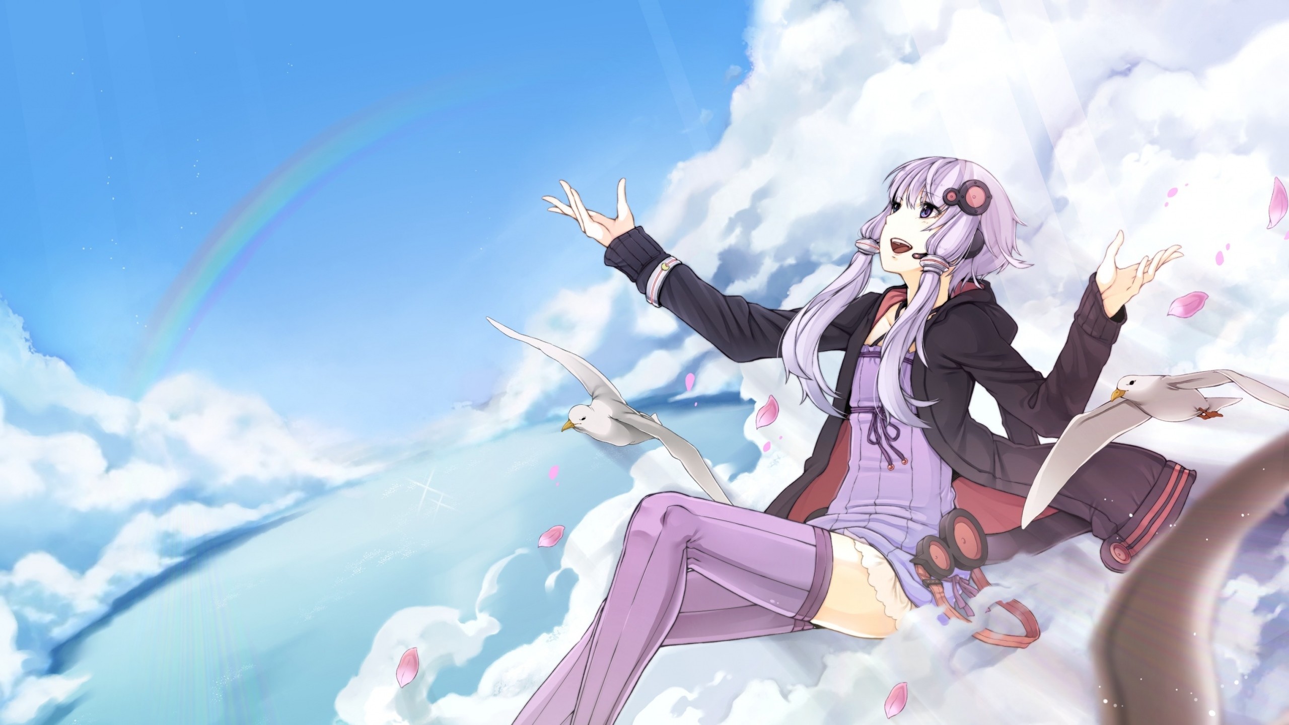 2560x1440  Wallpaper anime, girl, flying, bird, sky