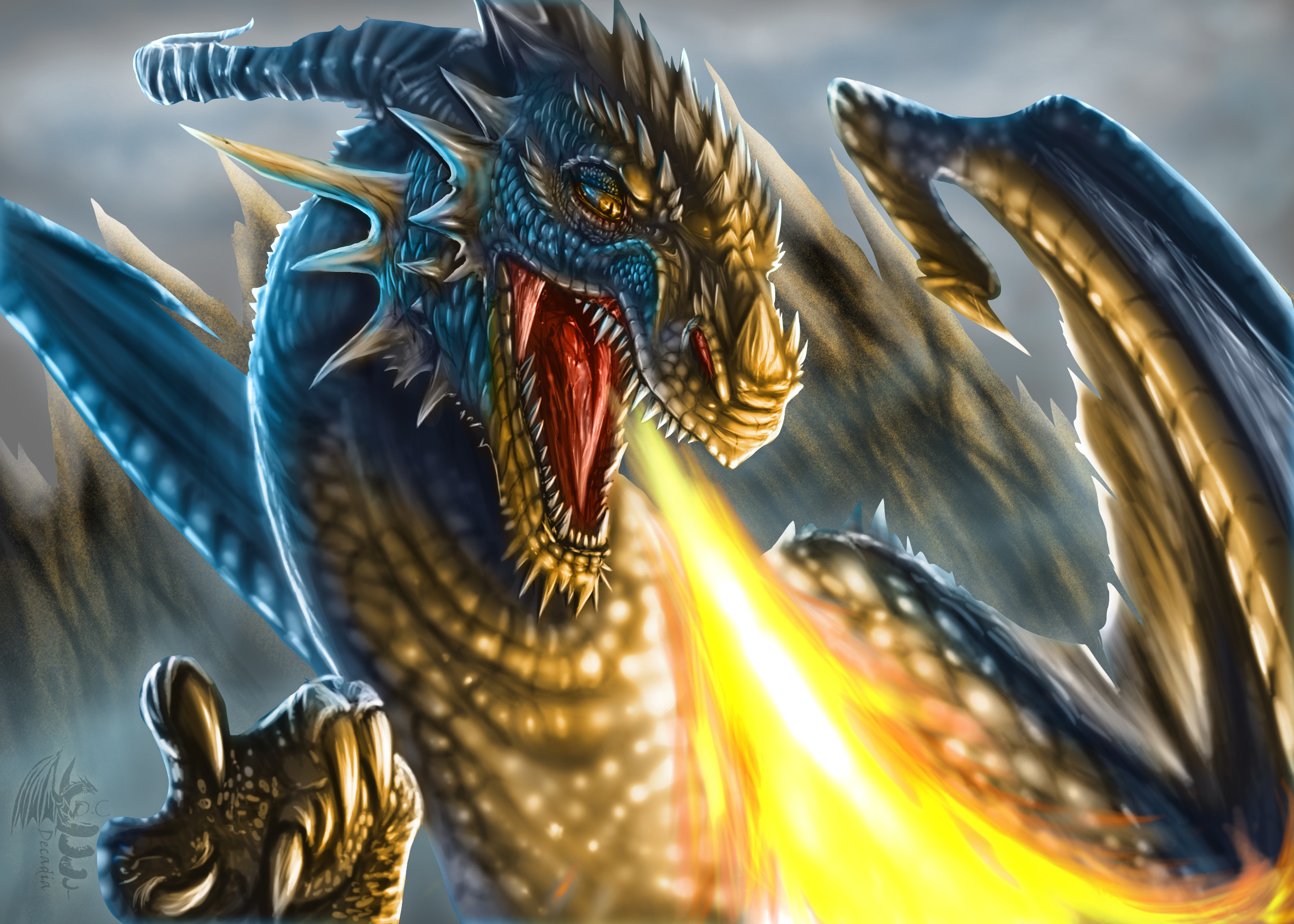2450x1750 Angry Fire Breath Dragon wallpaper :: Download to mobile phone.