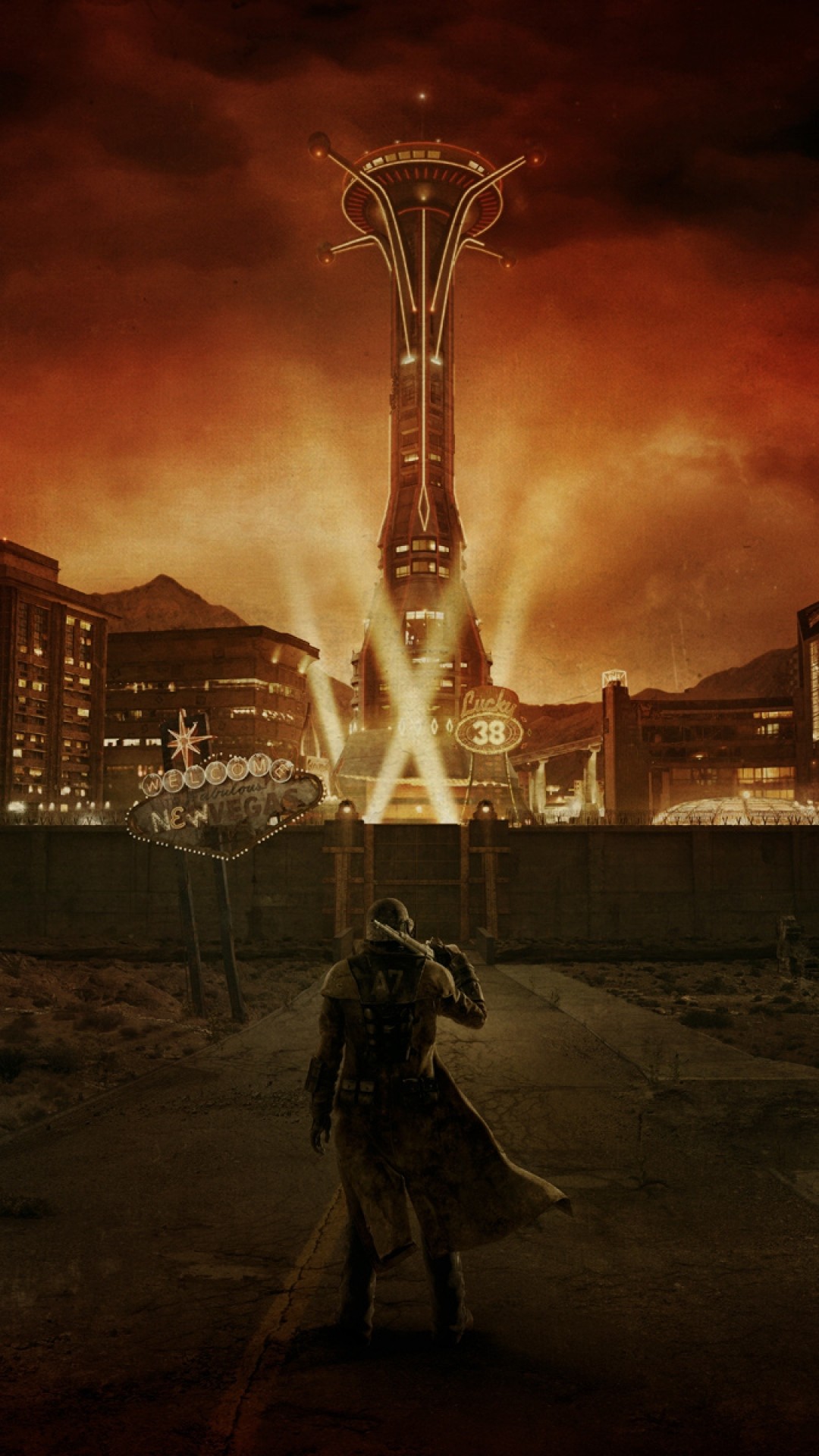 1080x1920 Preview wallpaper fallout, city, light, character, sky 