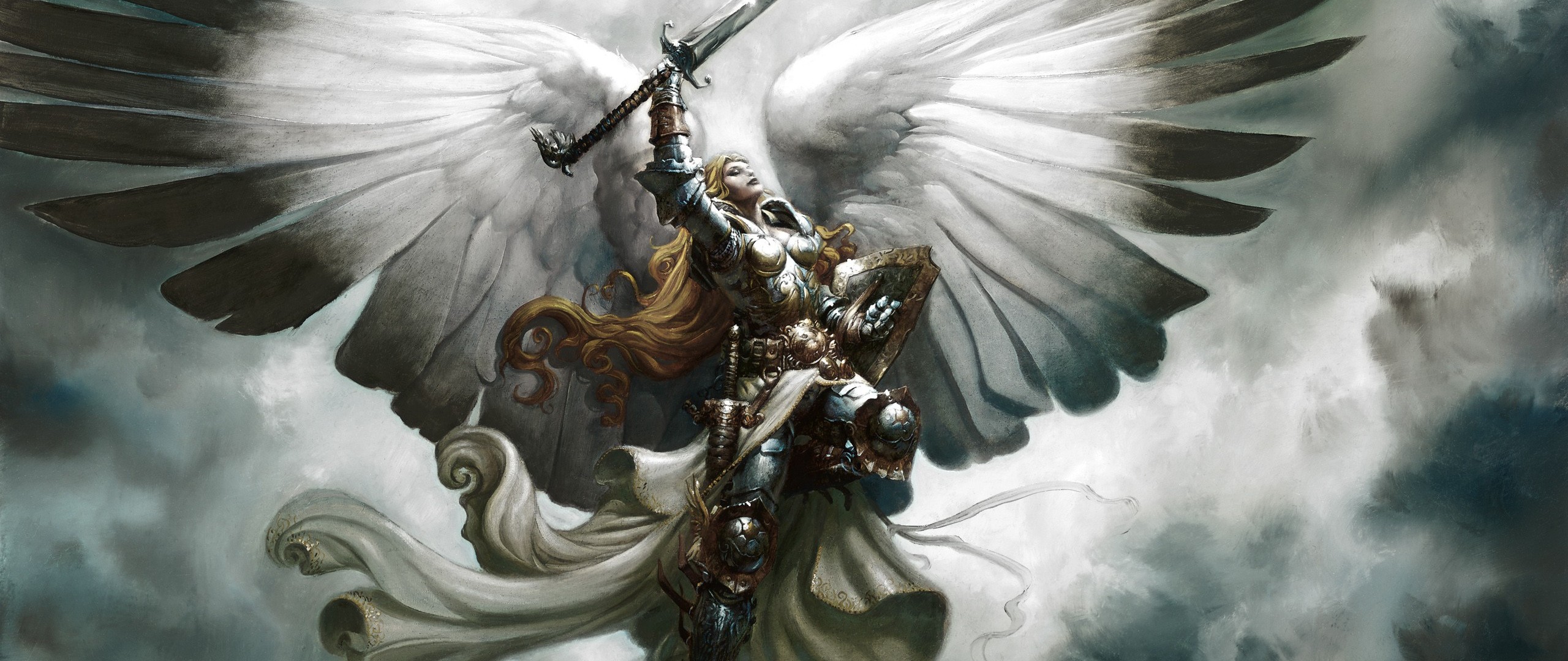 2560x1080 Preview wallpaper angel, wings, sword, flying, sky, art 