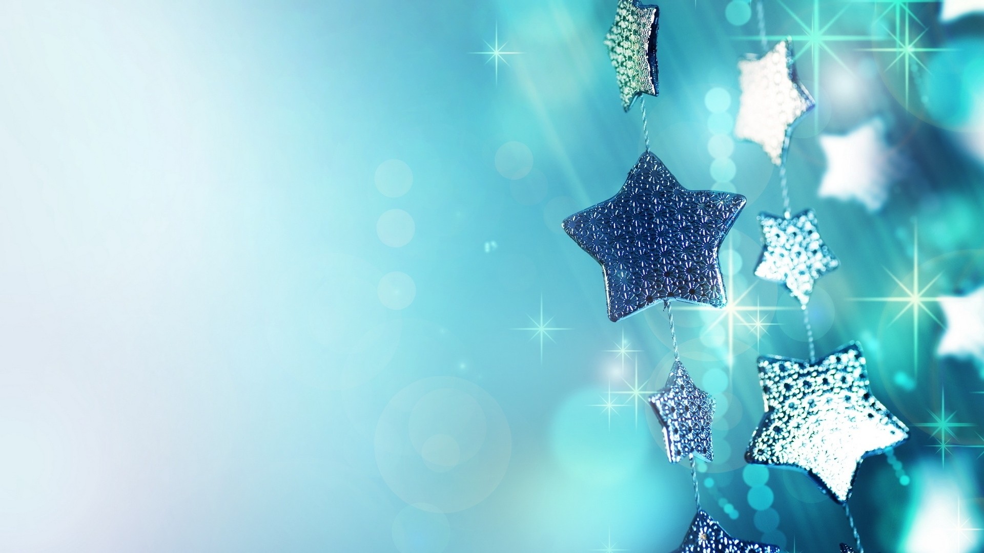 1920x1080 Preview wallpaper glitter, garland, blue, christmas ornaments, stars,  sparks, macro