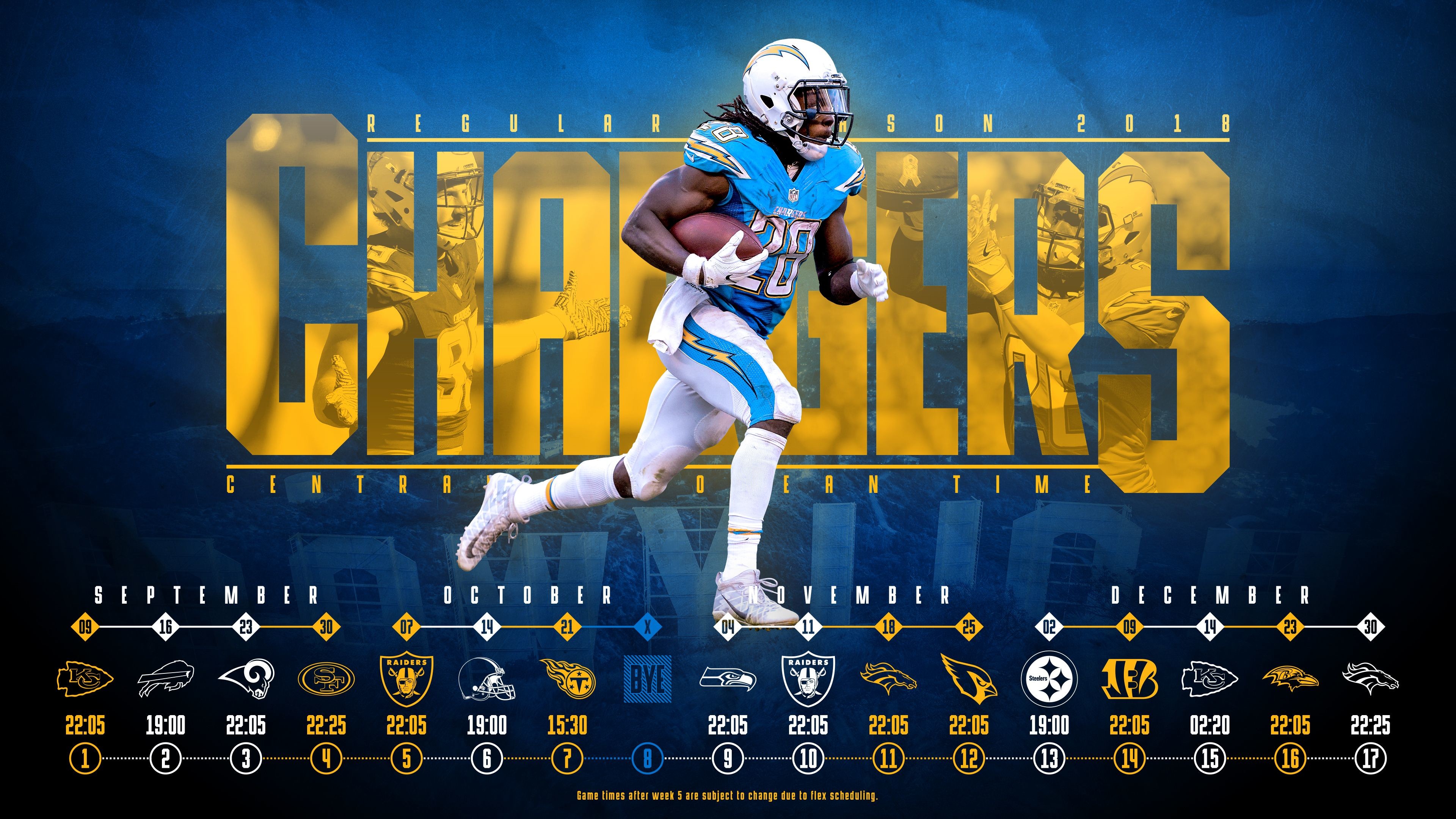 3840x2160 Schedule wallpaper for the Los Angeles Chargers Regular Season, 2018  Central European Time. Made by Tobler GergÅ #tgersdiy