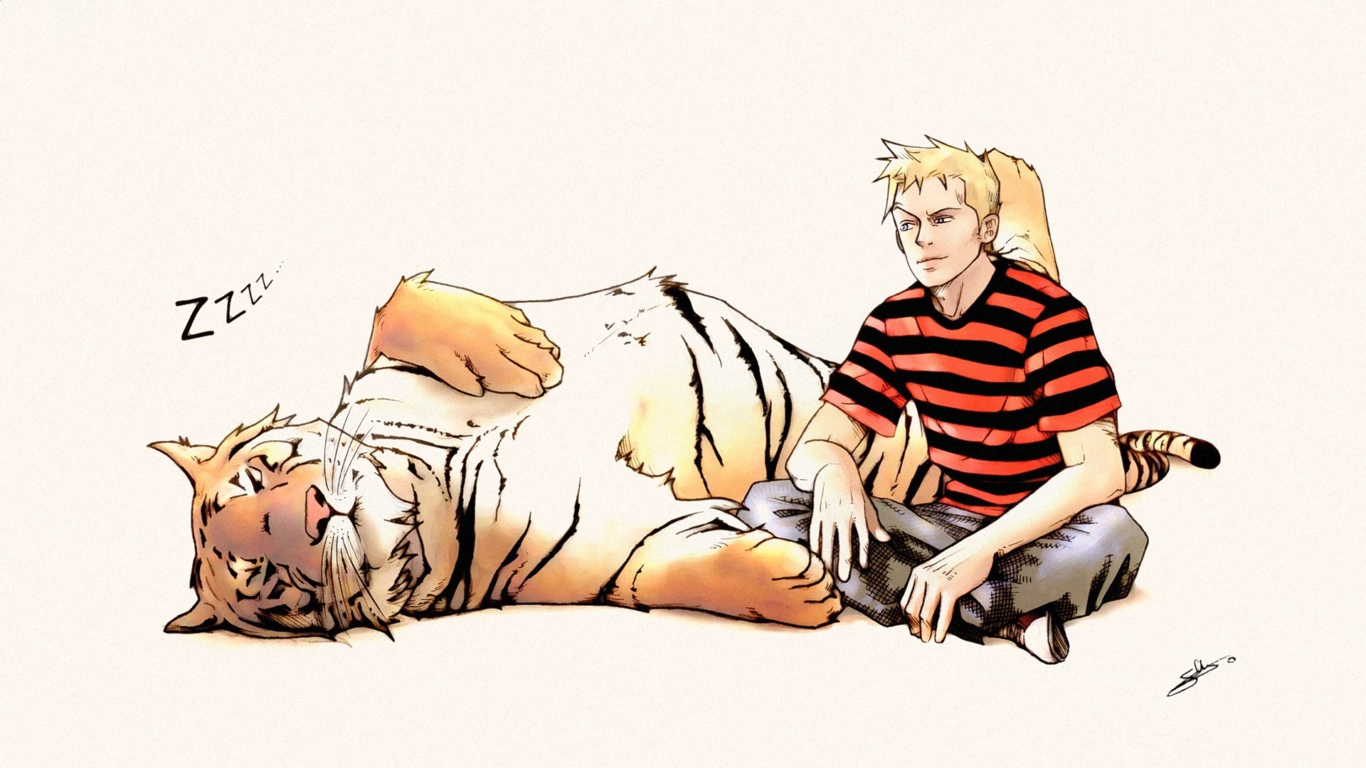 1920x1080 Alternative Art Calvin And Hobbes Comics Sleeping Striped Clothing Tigers