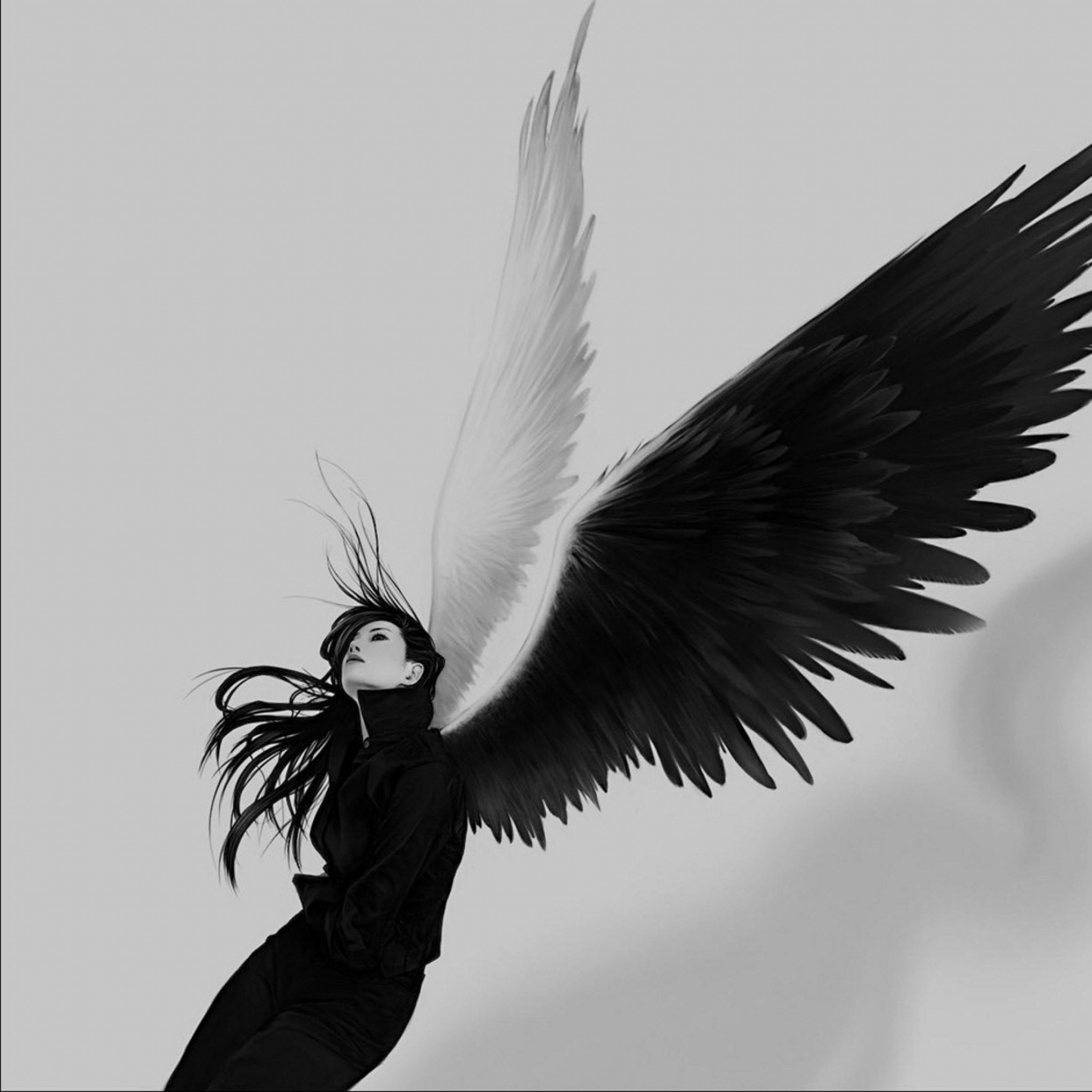 2048x2048  Wallpaper angel, wings, white, black, girl