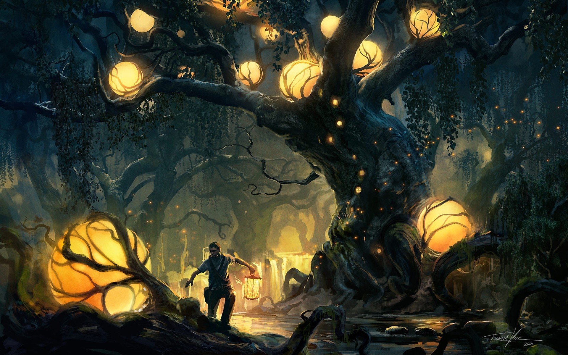 1920x1200 Trees lights forest fantasy art wallpaper