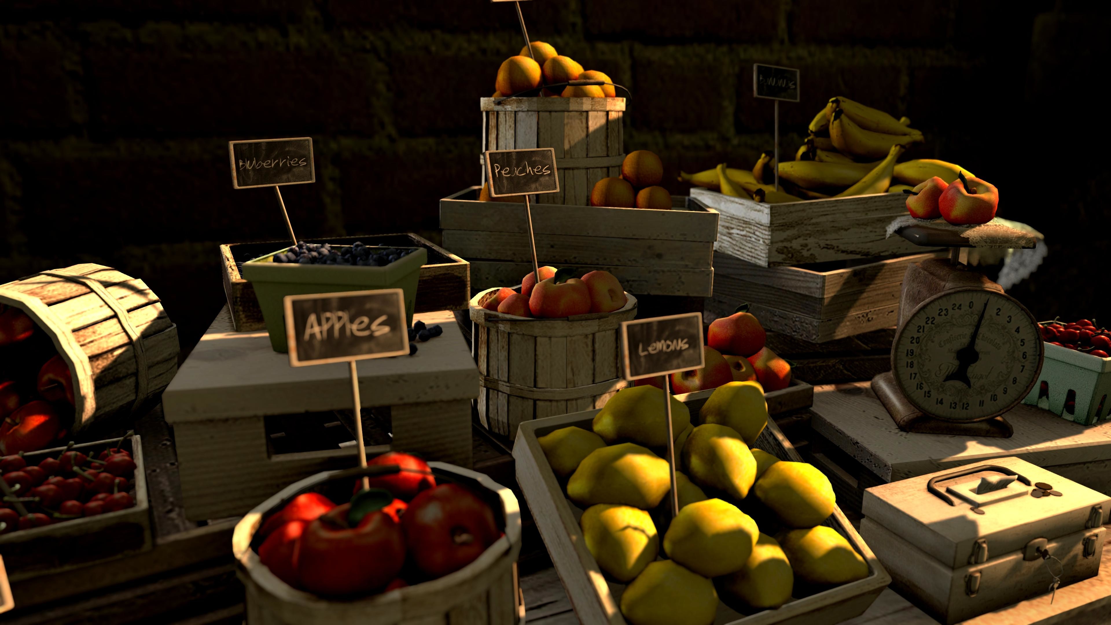 3840x2160 world signs money fruit computer square table wooden 3D graphics cherries  market stall tags lemons bananas
