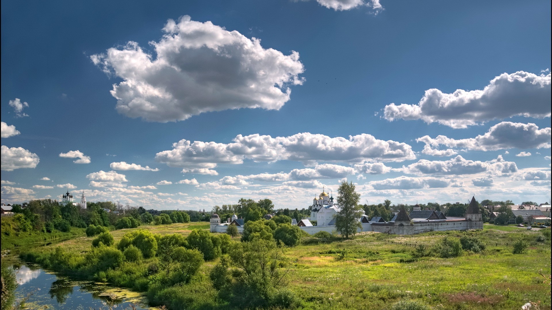 1920x1080 Monuments - Lovely Pokrovsky Monastery Near Kiev Grass River Clouds Sky  Orthodox Picture for HD 16