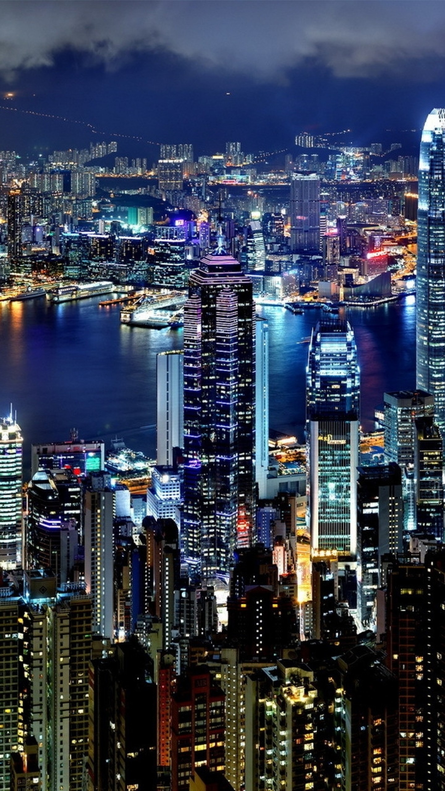 1440x2560 Preview wallpaper hong kong, city, night, lights, skyscrapers, water  