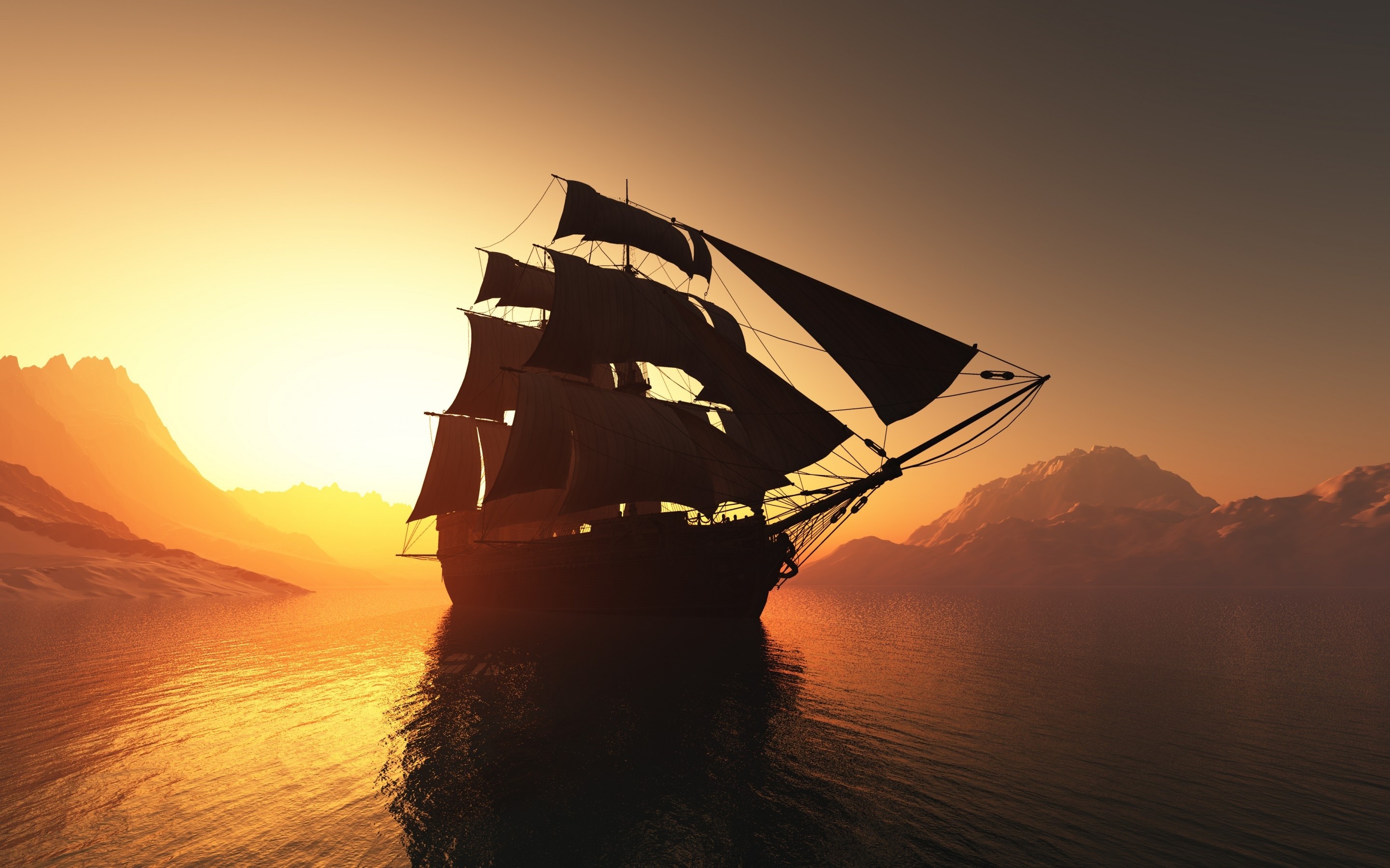 2880x1800 3D, rendering, ship, sail, ocean, sunset, sea, silhouette