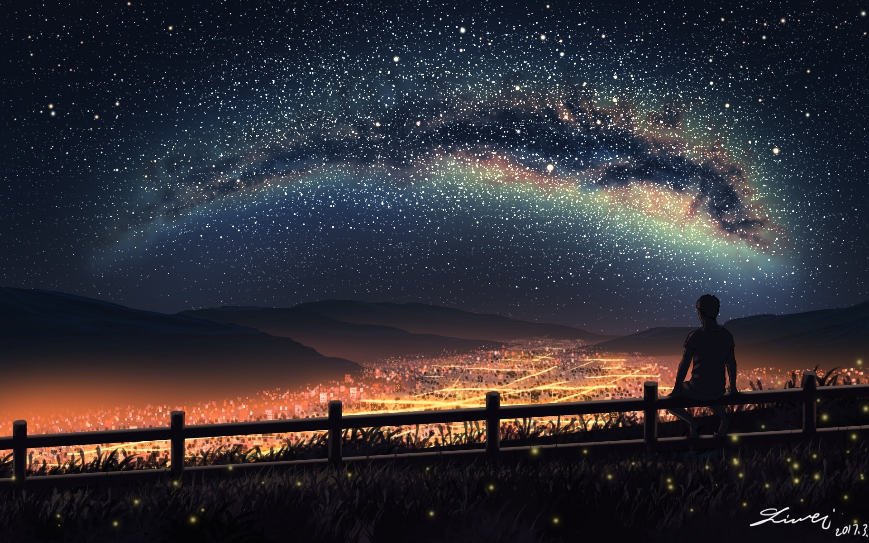 2880x1800 Anime Boy, Scenic, Landscape, Cityscape, Night, Stars, Sky, Light