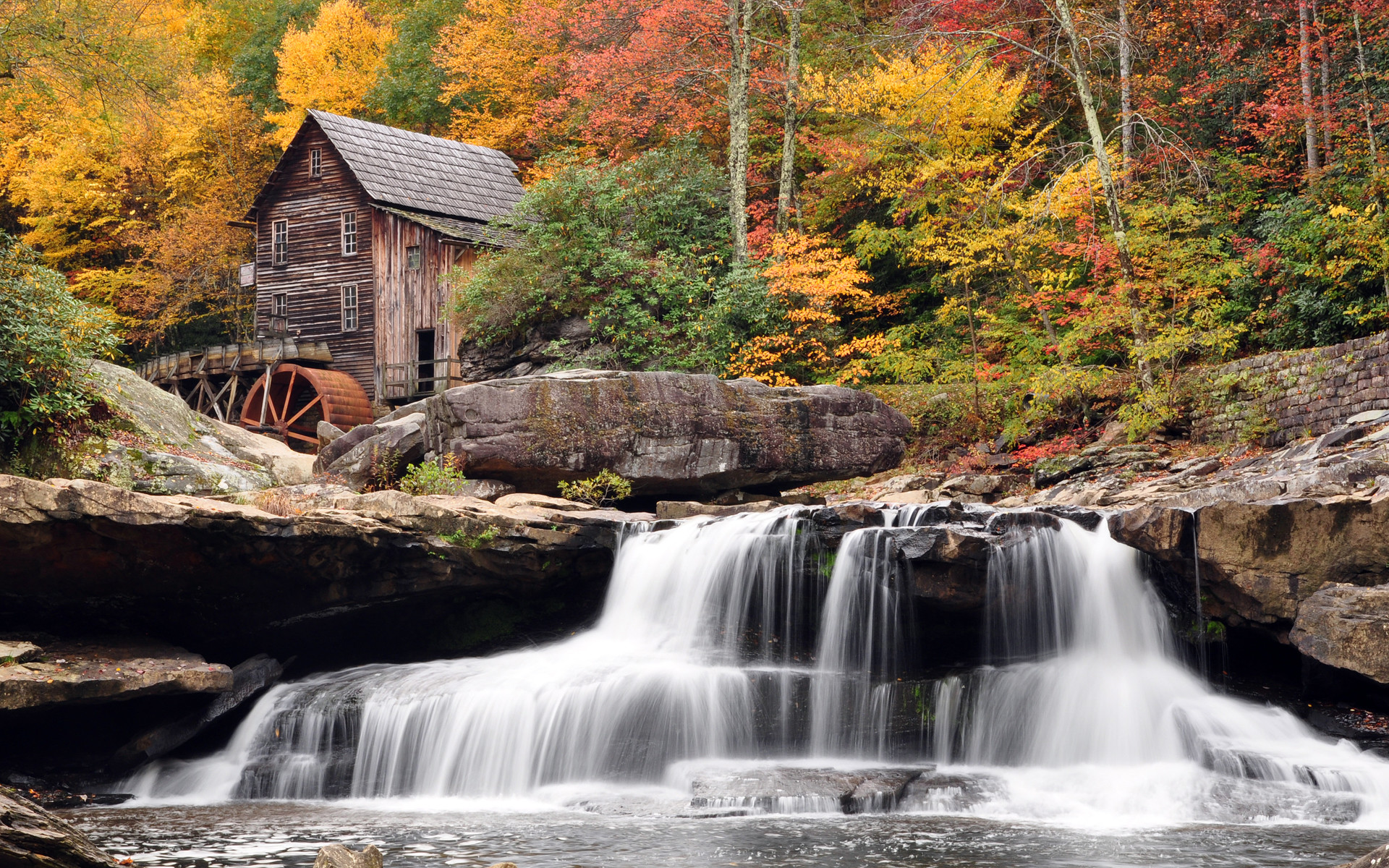 1920x1200 Waterfall Old Barn Forest Wallpaper