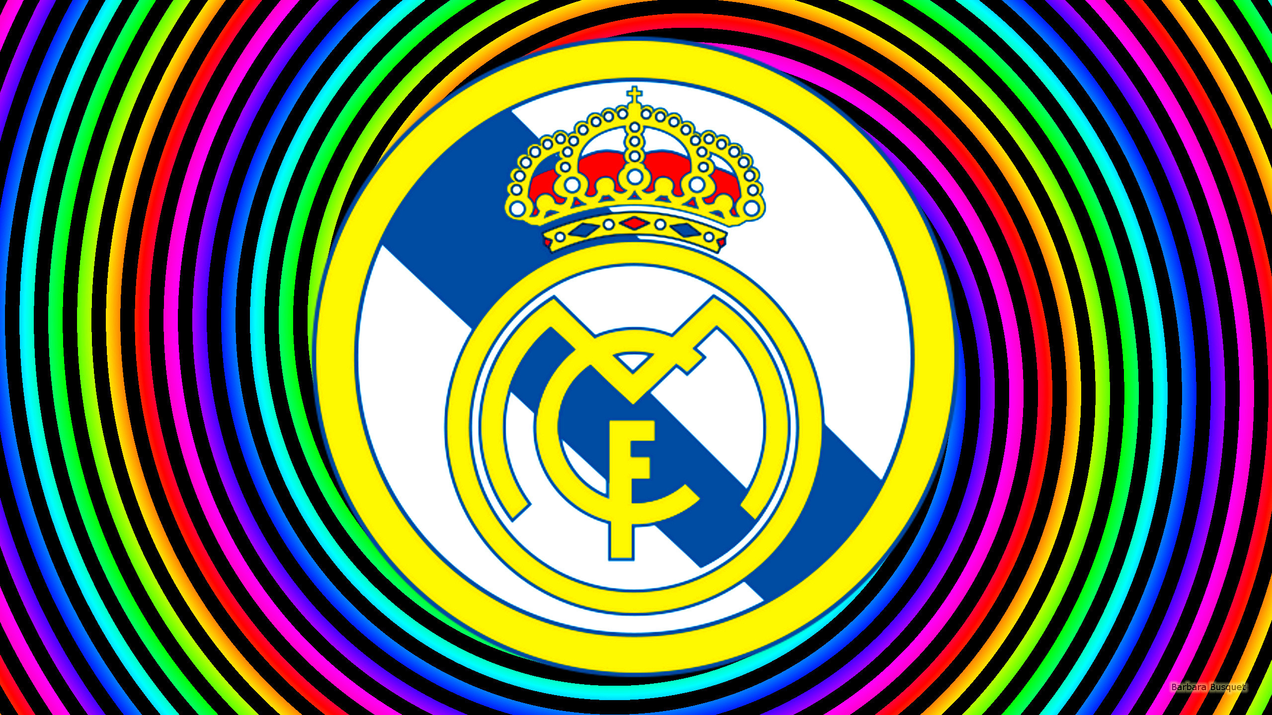 2560x1440 Real Madrid wallpaper with spirals in rainbow colors.