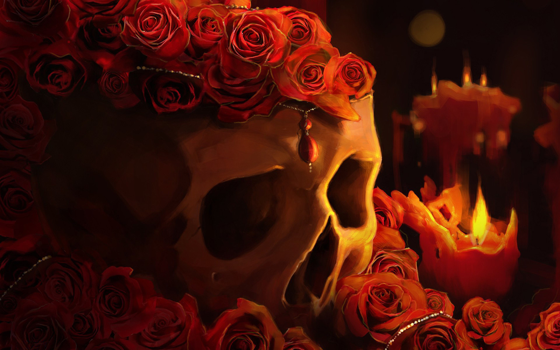 1920x1200 Skull And Black Roses Wallpaper