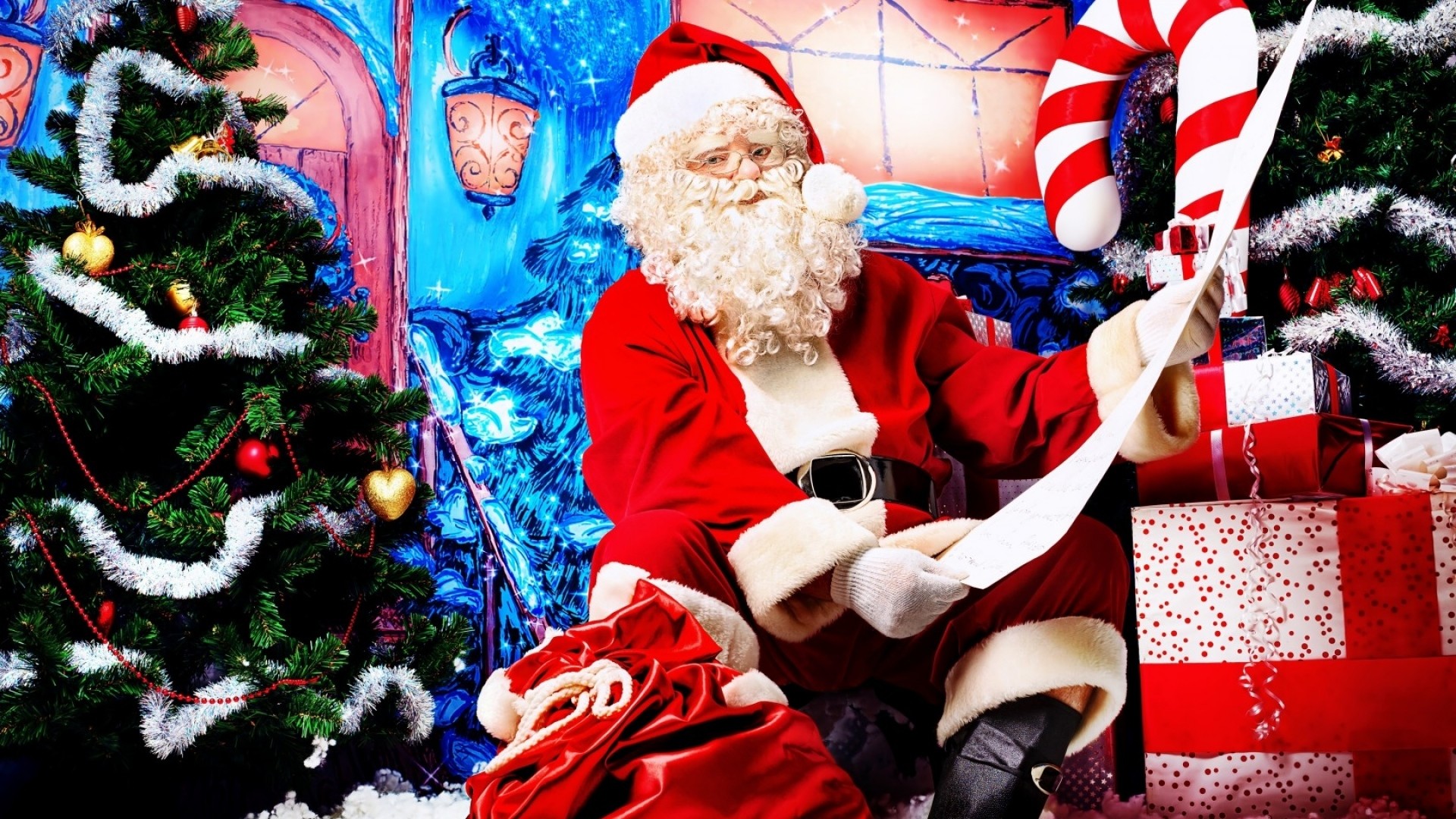 1920x1080  Wallpaper santa claus, look, door gifts, list, christmas, new year
