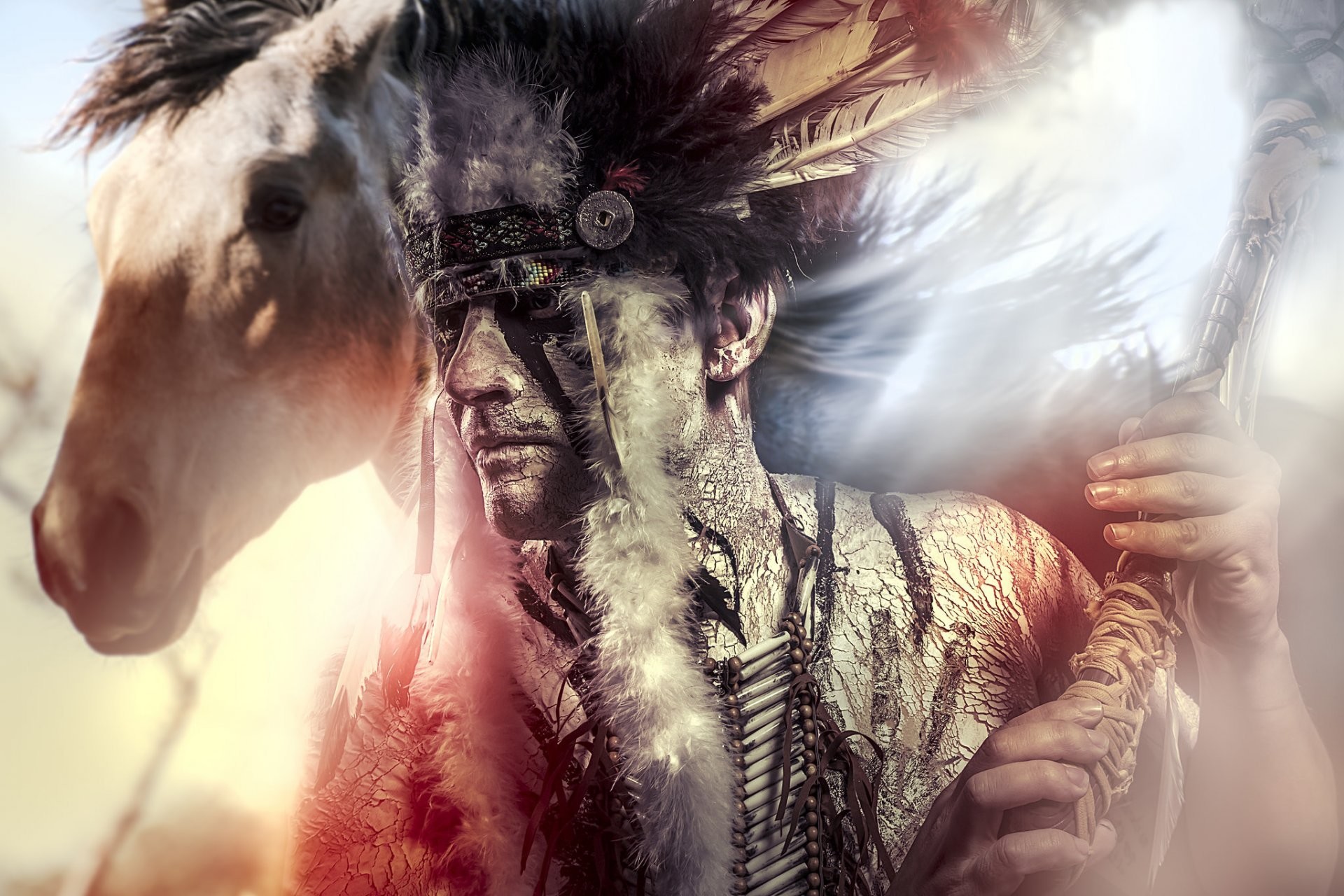 1920x1280 indian men face feathers horse horse