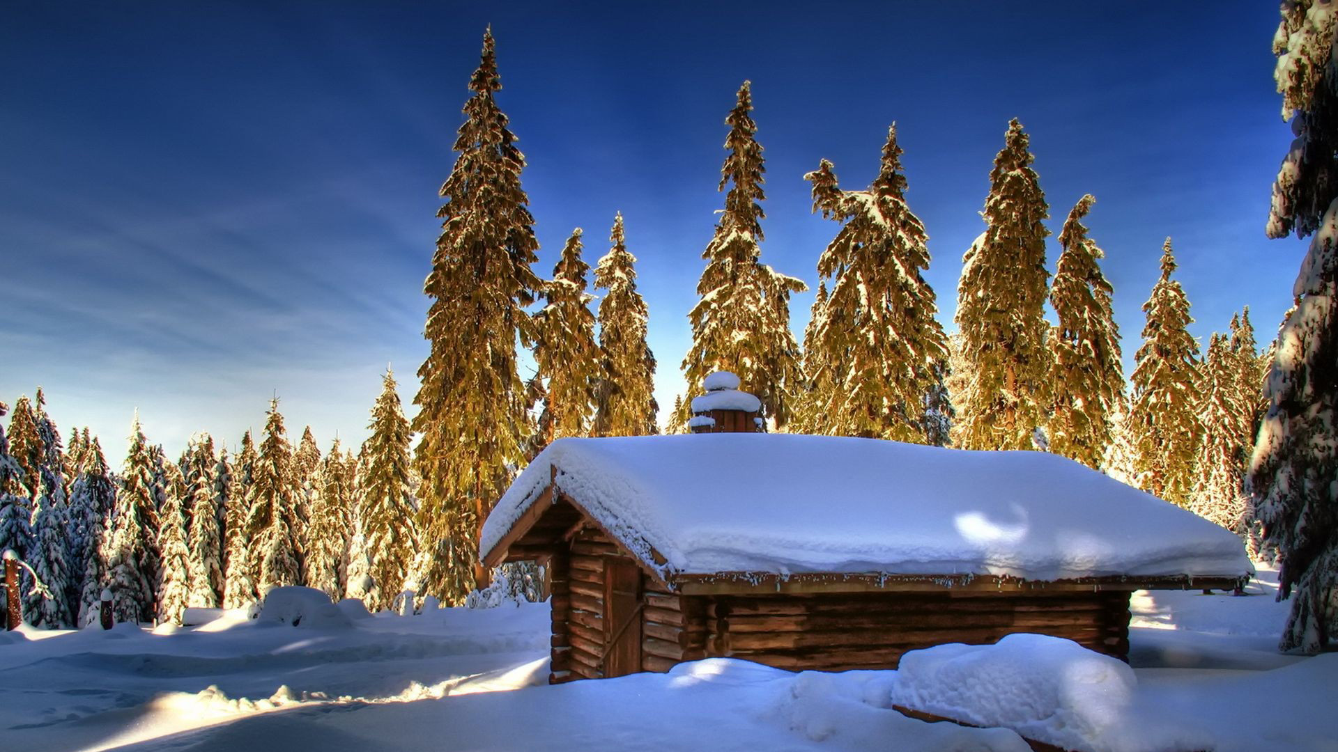 1920x1080 Lovely Log Cabin In Winter HD Desktop Background