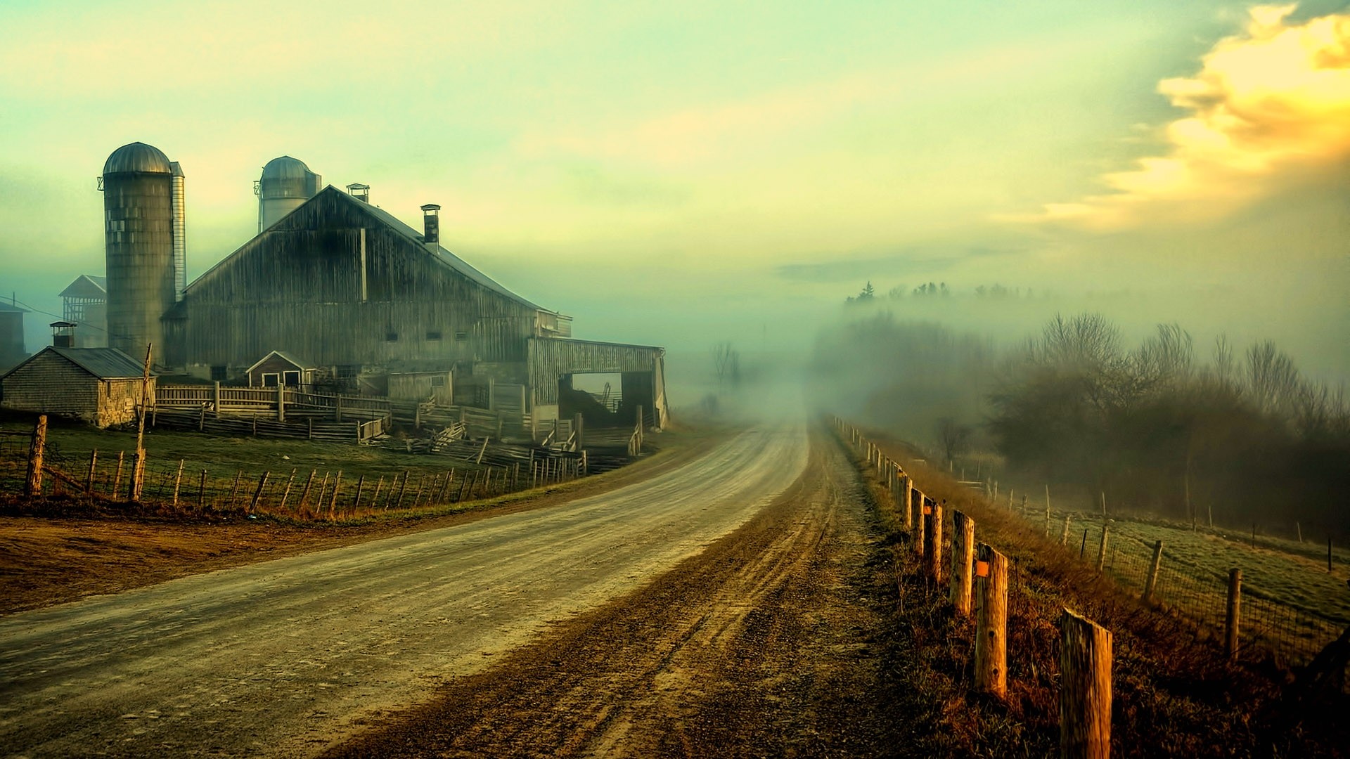 1920x1080 nature landscapes farm rustic roads fence sky clouds houses barn farm  wallpaper