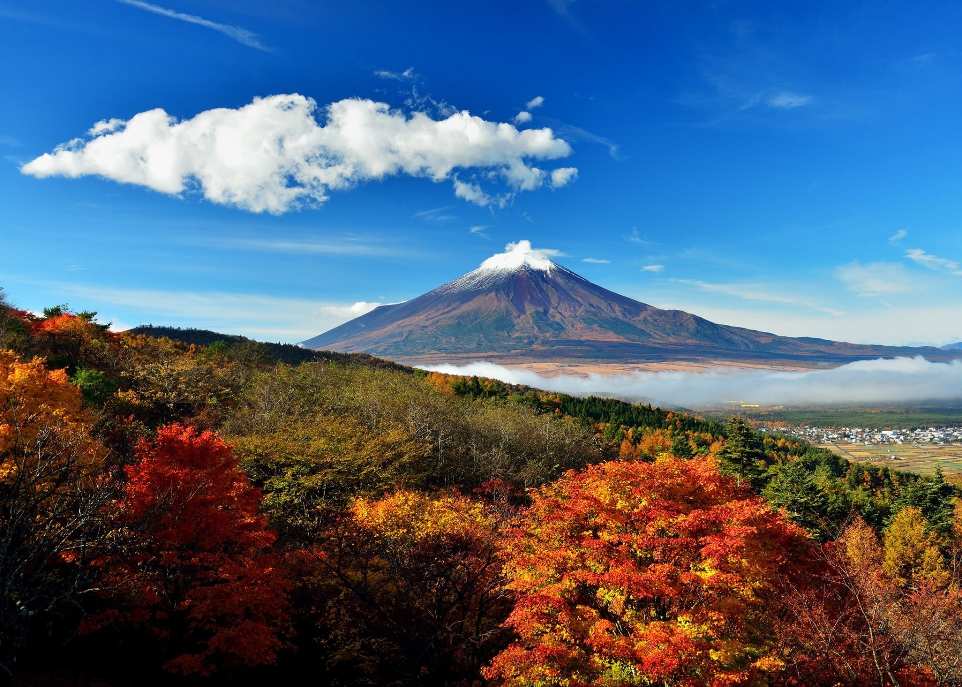 1920x1372 japan mount fuji sky tree clouds hills valley autumn