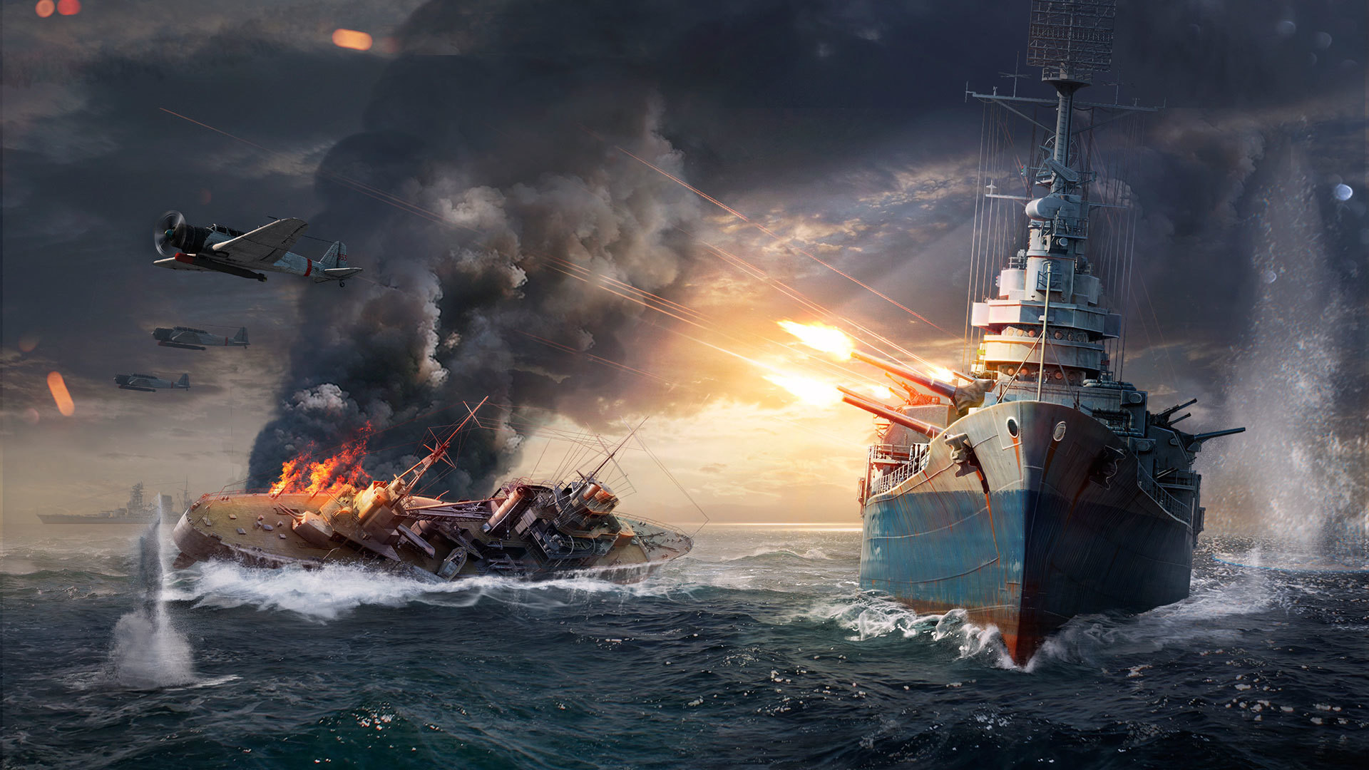 1920x1080  Wallpaper world of warships, wargaming net, explosion, ships