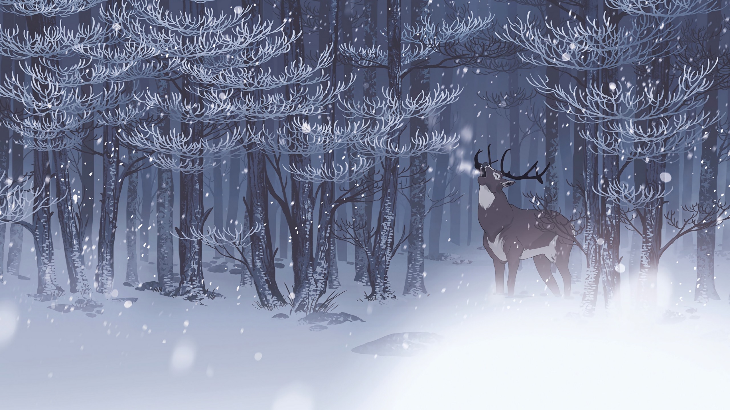 2560x1440  Wallpaper deer, forest, snow, art, wildlife