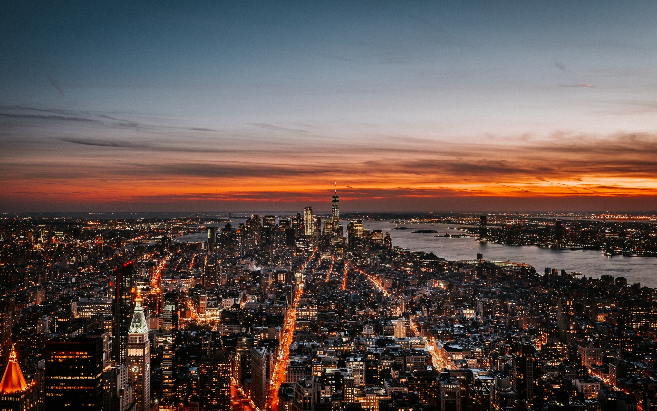 2560x1600 HD Wallpaper NY, Night City, Skyline, Sky, Dusk, Sunset