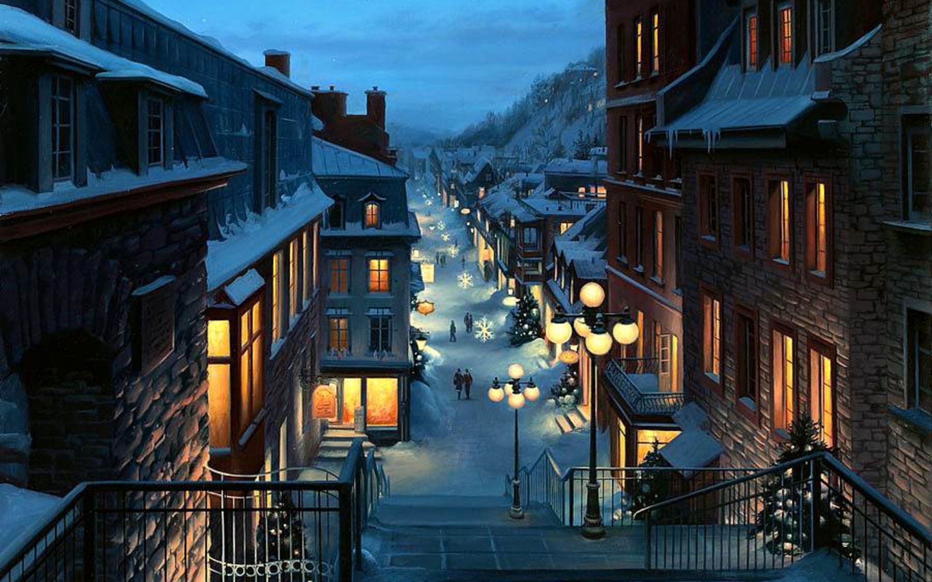 1920x1200 old quebec eugeny lushpin painting christmas christmas trees snowflakes  evening lights winter snow city quebec canada