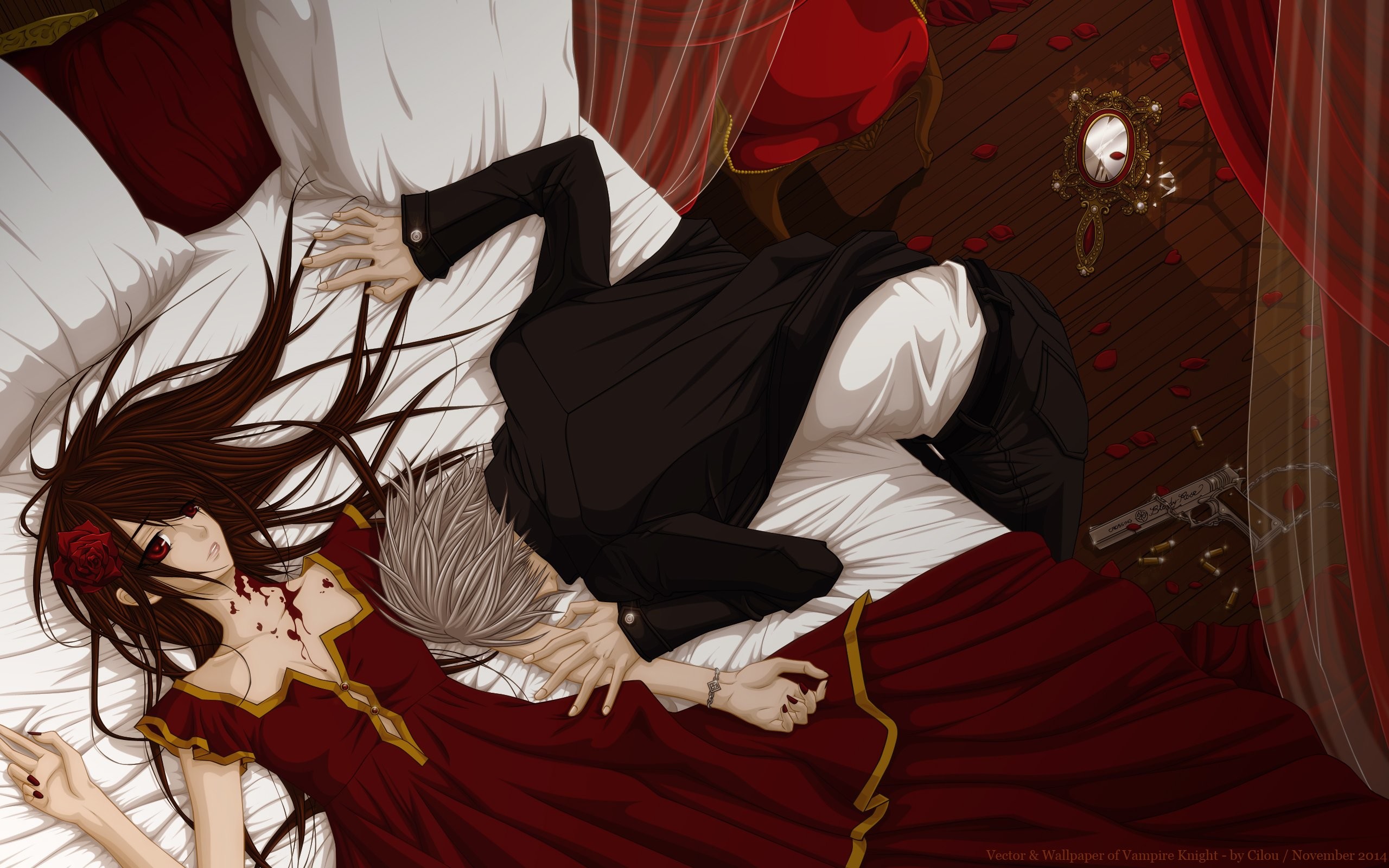 2560x1600 Bed blood dress kiryu zero male matsuri hino petals vampire vampire knight  weapon yuuki cross wallpaper |  | 561416 | WallpaperUP
