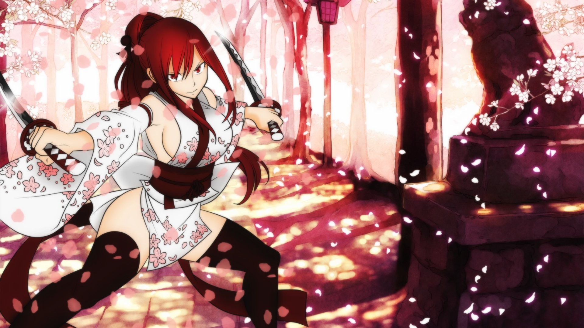 1920x1080 Anime - Fairy Tail Erza Scarlet Sakura Blossom Katana Yukata Red Hair Long  Hair MÃ¤dchen Wallpaper