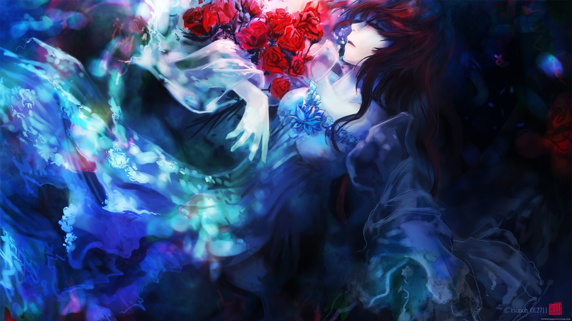 1920x1080 Gothic anime girl red roses HD Wallpaper - http://www.hdwallpaperuniverse.