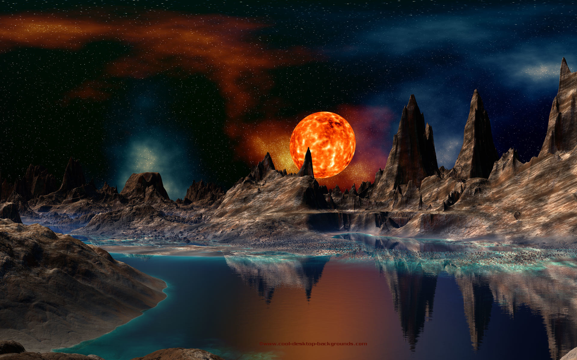 1920x1200 Space background of a red giant sun setting over a rocky alien planet. Scifi  space background for use as your computer's desktop wallpaper.