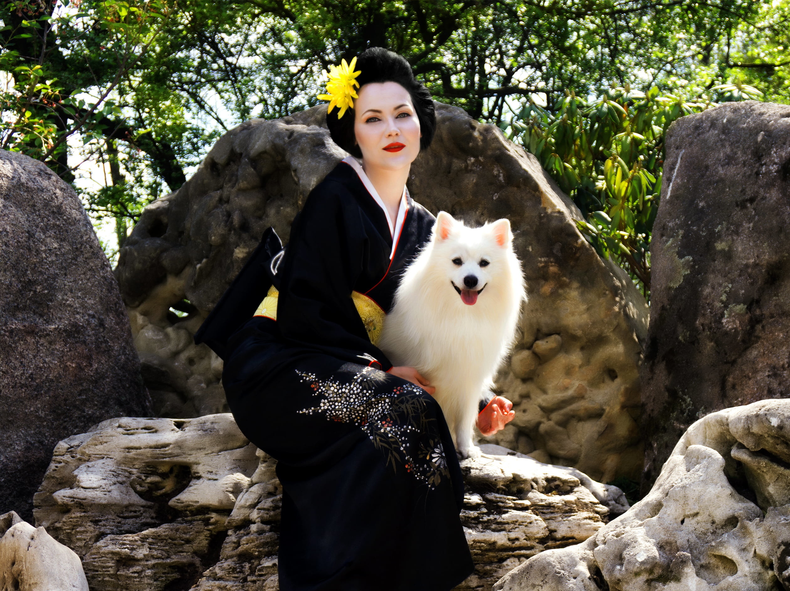 2520x1887 japanese spitz, white dogs, kimono, women, geisha, nature, friendship